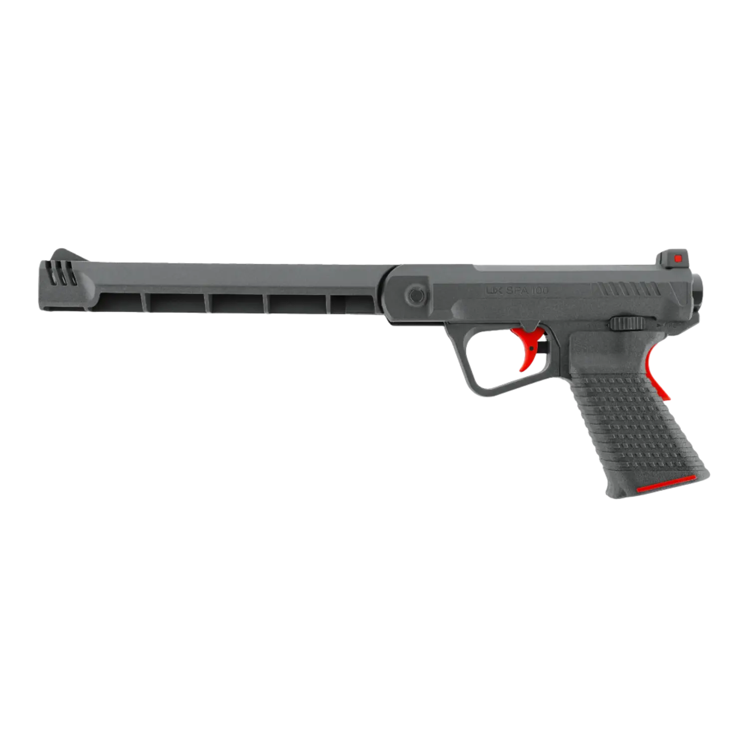 UX SPA 100 GRY 4,5mm Diabolo Luftpistole Luftpistole UX SPA 100, grau, mit langem Lauf und rotem Abzug, rechte Seitenansicht, Kunststoffgriff mit rutschfestem Muster.