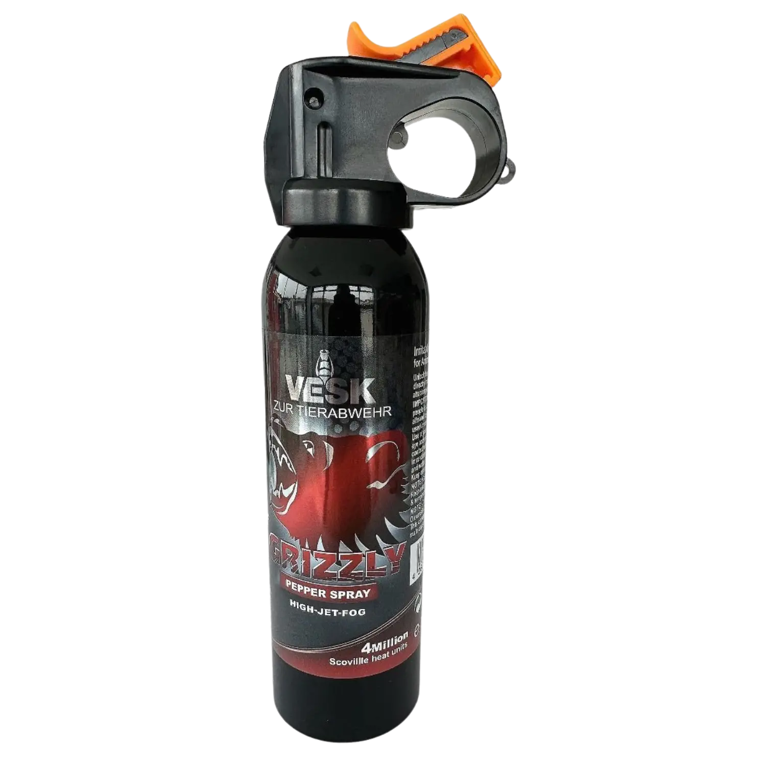 Schwarze Spraydose Vesk Grizzly mit rotem Bärenmotiv, orangefarbenem Abzug und Text 'Zur Tierabwehr', '4 Millionen Scoville', 200 ml