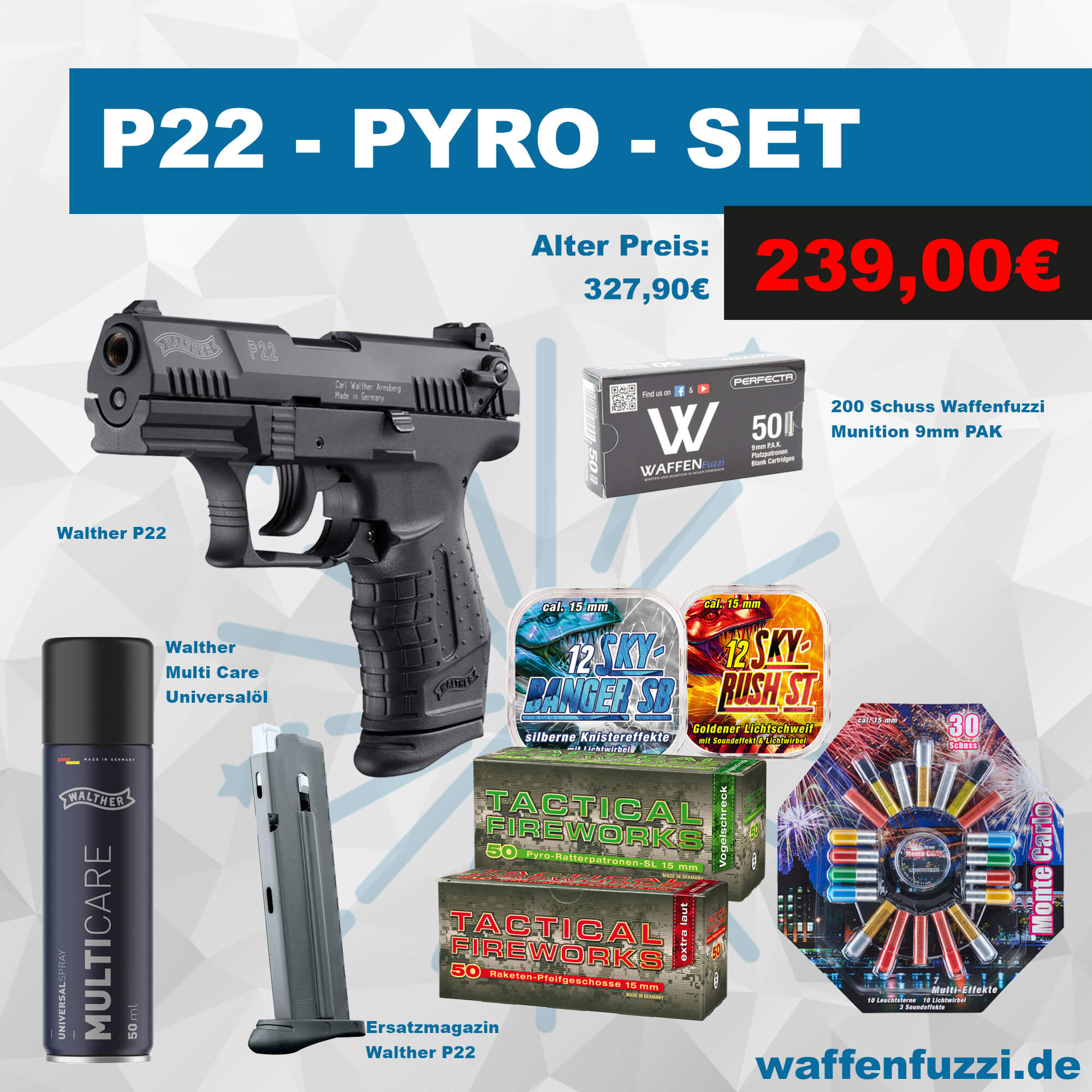 P 22 Pyro-Set mit Pyro Ratter, Pfeiffraketen, Ersatzmagazin und vielem mehr!