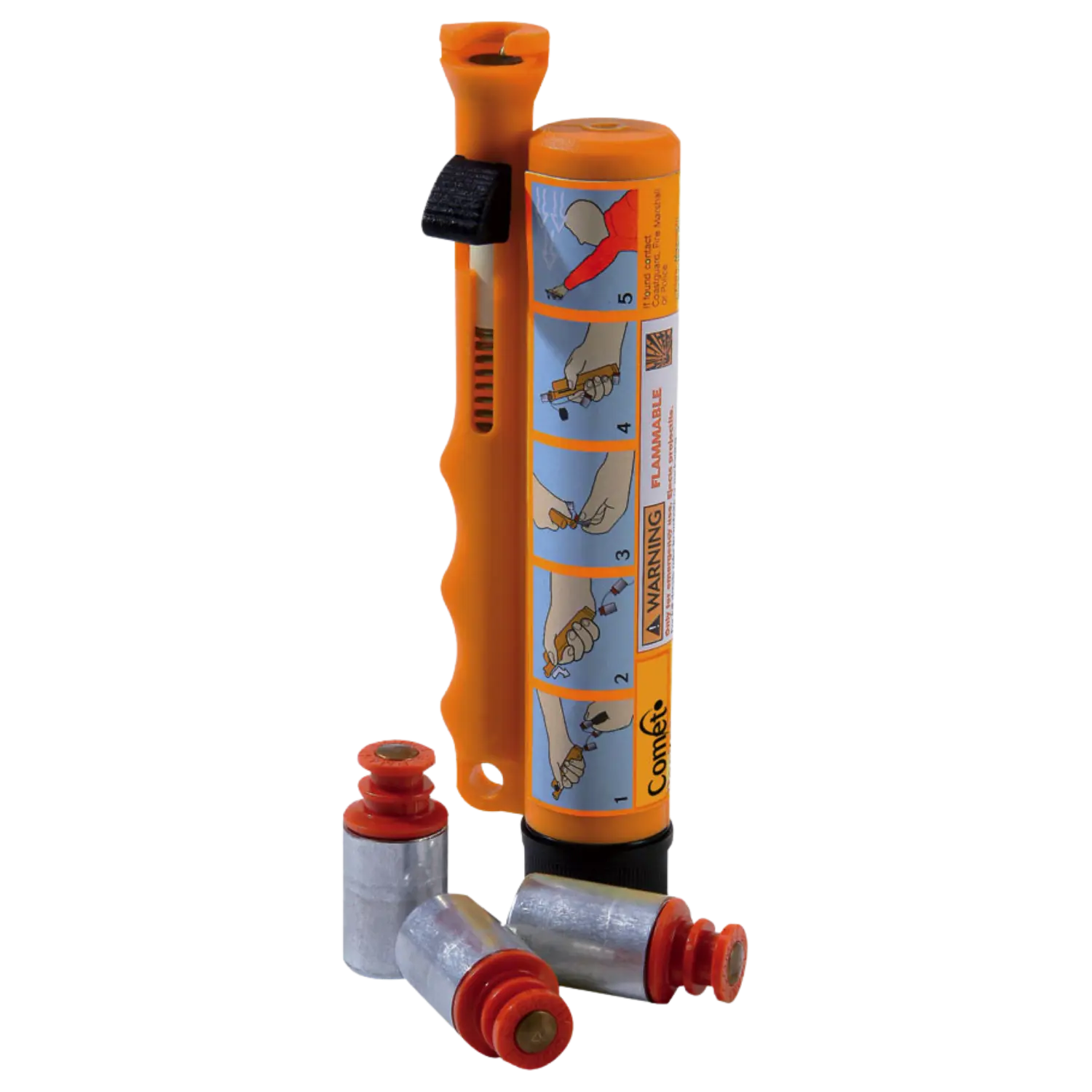 Orangener Comet Signalgeber Kompakt mit Bedienungsanleitung in Piktogrammen und drei silbernen Patronen mit roten Dichtungen.