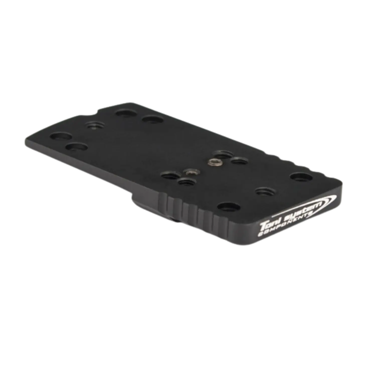 Toni System CZ 75 Shadow 2 Dovetail Montageplatten für Red Dot Sights Typ A Schwarze Montageplatte von Toni System für CZ Shadow mit mehreren Bohrungen und geriffelter Kante, rechteckig mit abgerundeten Ecken.