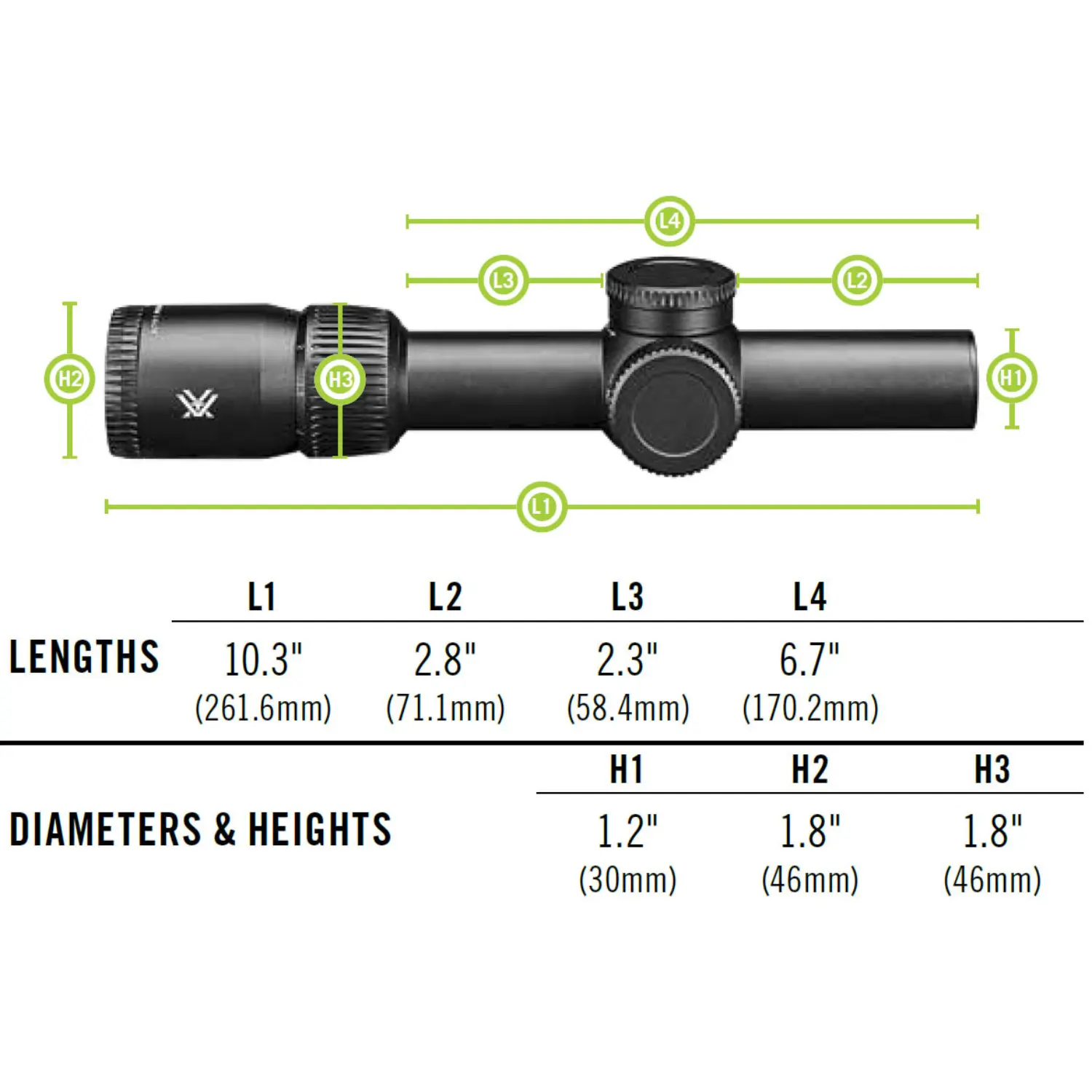 Abmessungen Vortex Zielfernrohr Venom 1-6x24 mit Längen und Durchmessern in einer übersichtlichen Grafik.