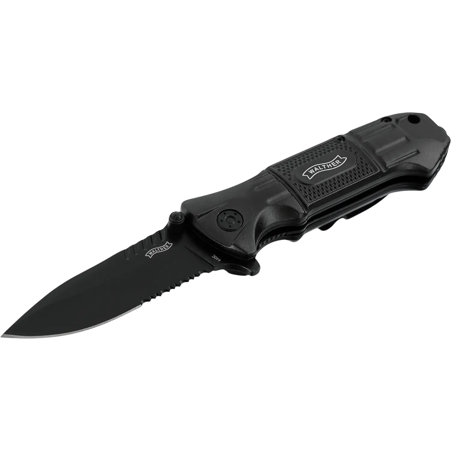 Schwarzes Umarex-Tac-Messer mit teilgezahnter Klinge und ergonomischem Griff mit Walther-Logo.