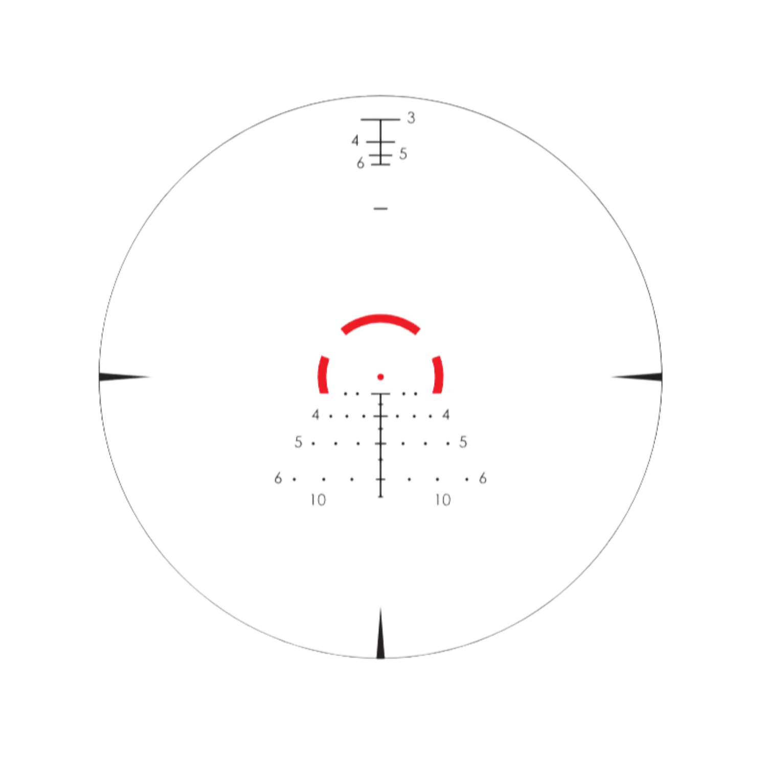 Schwarz-weiße Linienzeichnung eines Absehens mit roten Markierungen, Zahlen und Skalen in der Mitte eines Kreises.