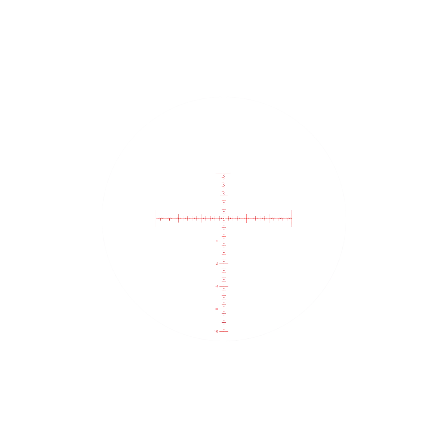 Schwarz-weiße Absehen-Darstellung mit roter MOA-Skala, bestehend aus einem Kreuz mit horizontalen und vertikalen Strichen und Zahlen.