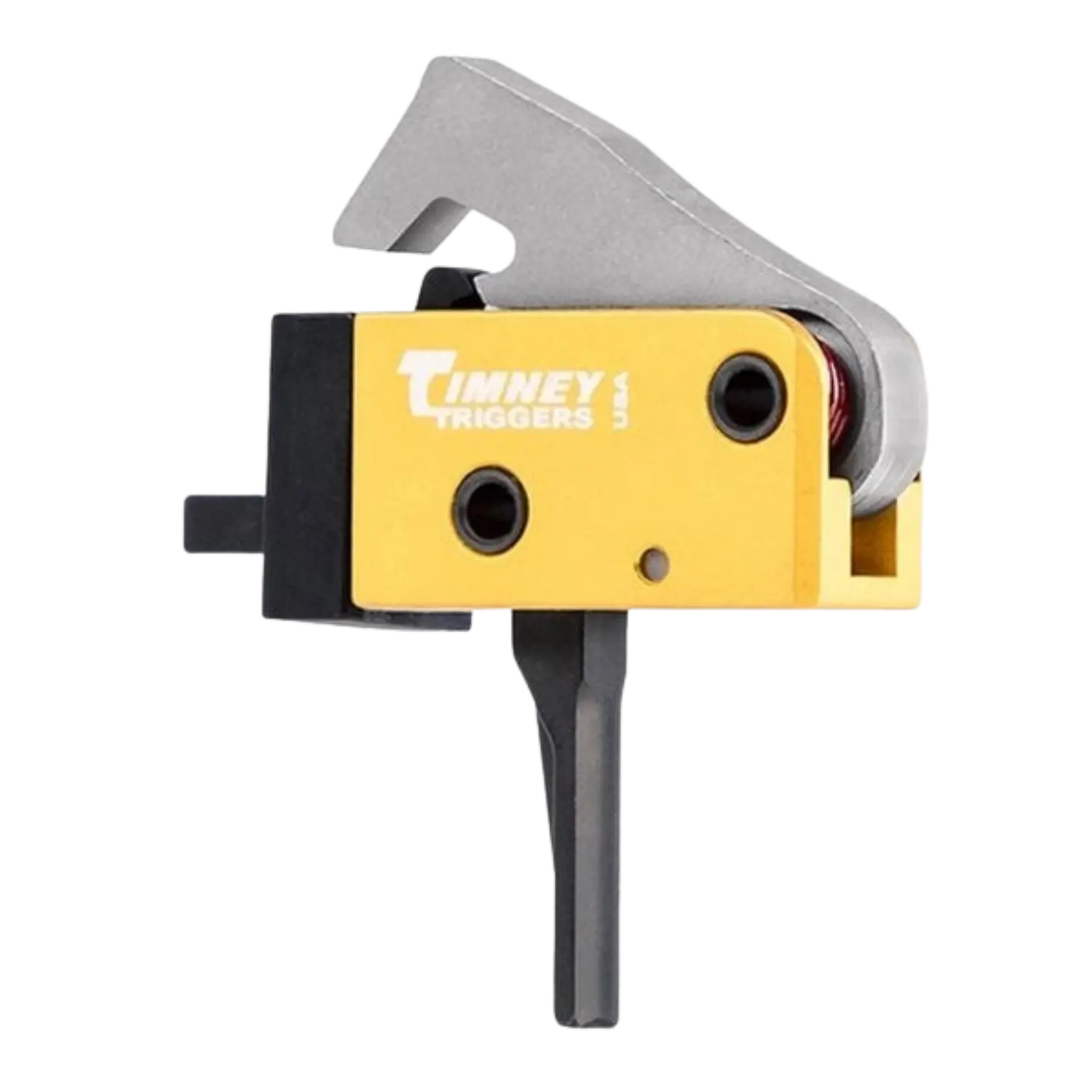 Timney Direktabzug für AR PCC Waffen Gerade Gelber Timney Abzug mit schwarzem Abzugsbügel und silbernem Hebel, rechteckige Form mit sichtbaren Schrauben und Federmechanismus