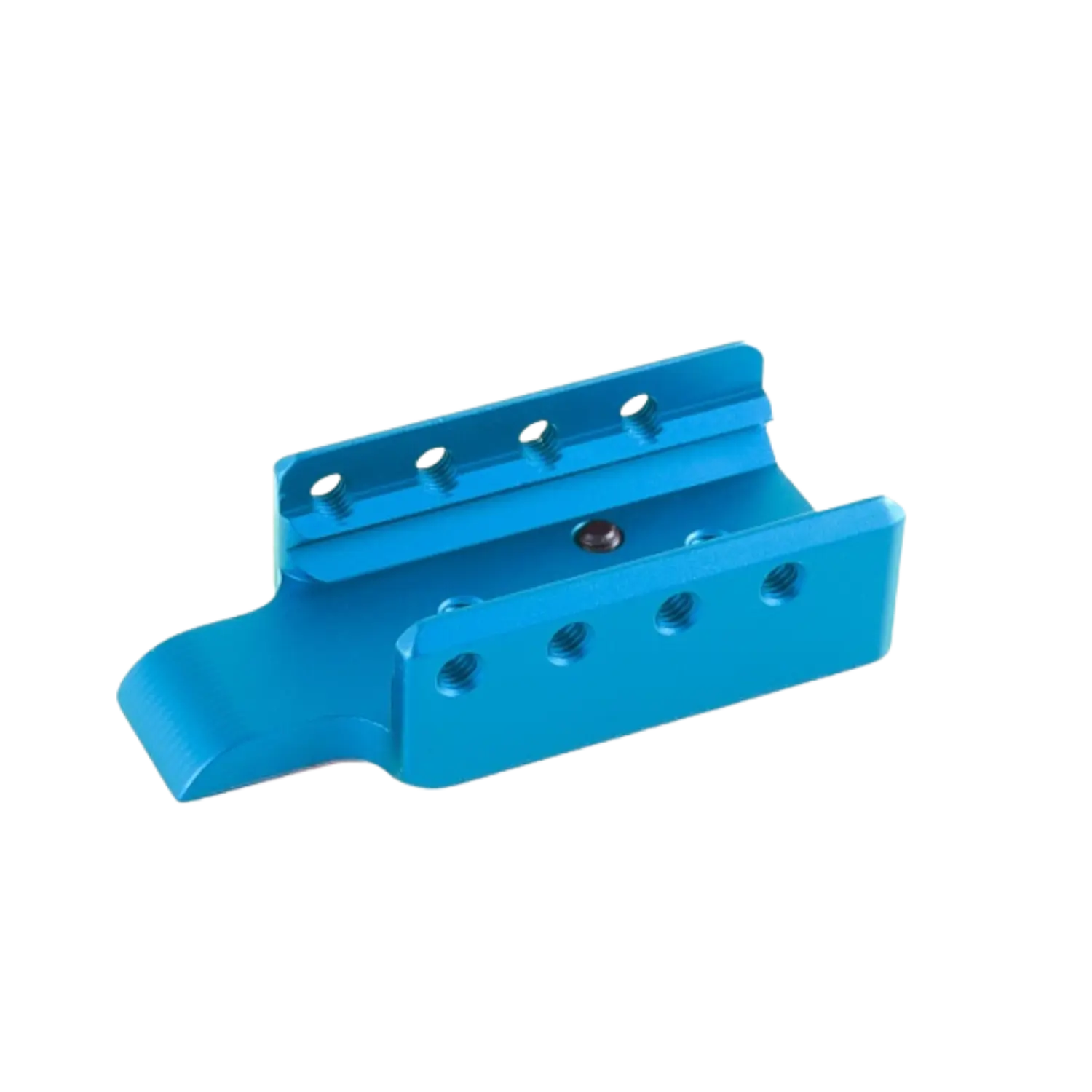 Blaues Aluminium-Laufgewicht von Toni System für Glock 17 mit mehreren Bohrungen und abgerundeter Kante.