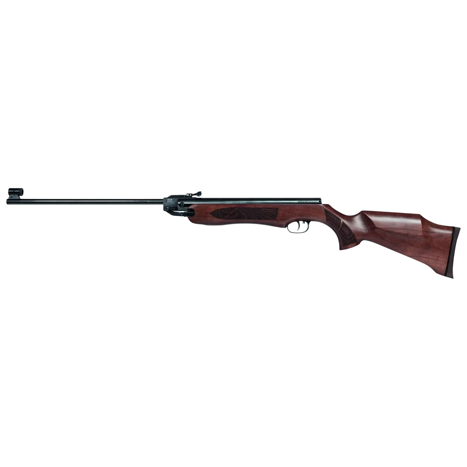 Weihrauch HW35: Seitenansicht eines Luftgewehrs mit elegantem Holzschaft und präziser Laufmontage.