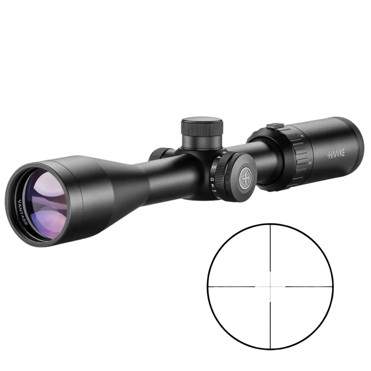 Schwarzes Zielfernrohr mit verstellbaren Einstellrädern und sichtbarem Markennamen 'HAWKE'.