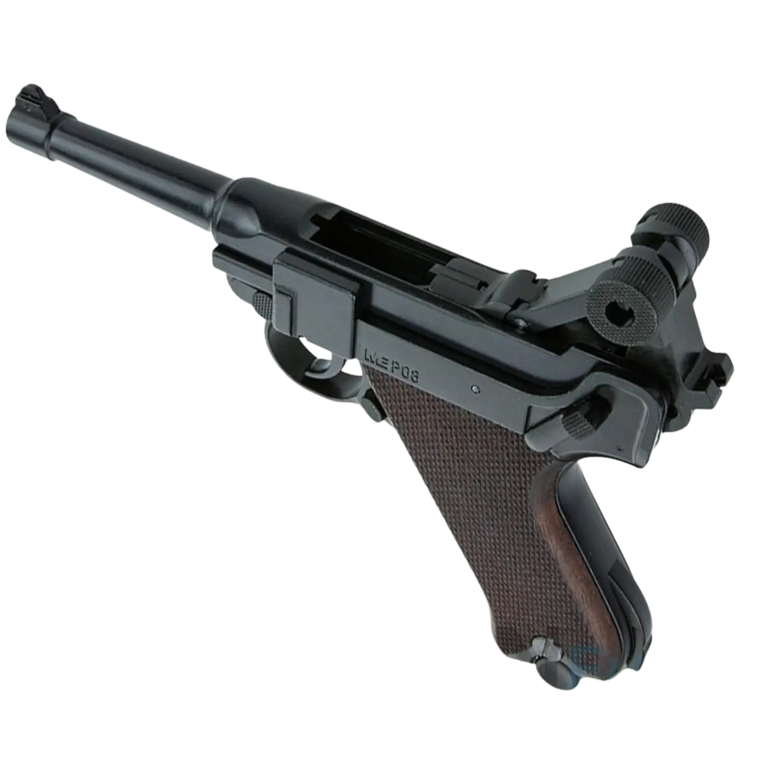 Schreckschusswaffe ME P08 9mm mit schwarzem Metalllauf und braunem Griff, Seitenansicht mit offenem Verschluss.