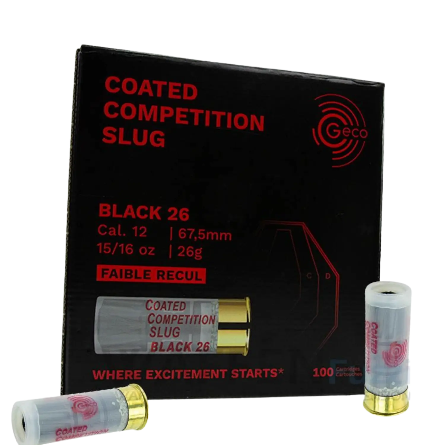 Verpackung von Gecco Coated Competition Slug, 26 g, Kaliber 12, 67,5 mm. Zwei Patronen mit goldenen Hülsen und durchsichtigen Körpern, Text: 'BLACK 26'.