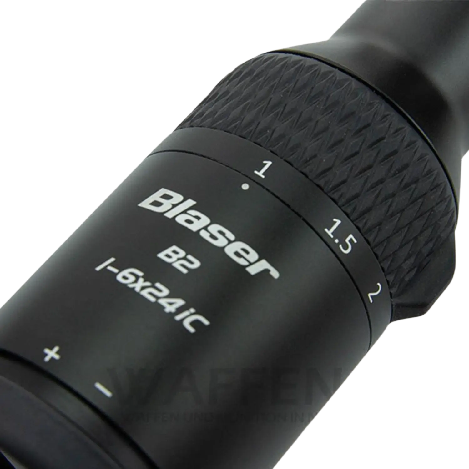 Blaser Zielfernrohr B2 1-6x24 iC mit Schiene Detailaufnahme eines Blaser B2 Zielfernrohrs. Mit Schrift Blaser B2 1-6X24IC und verstellrad