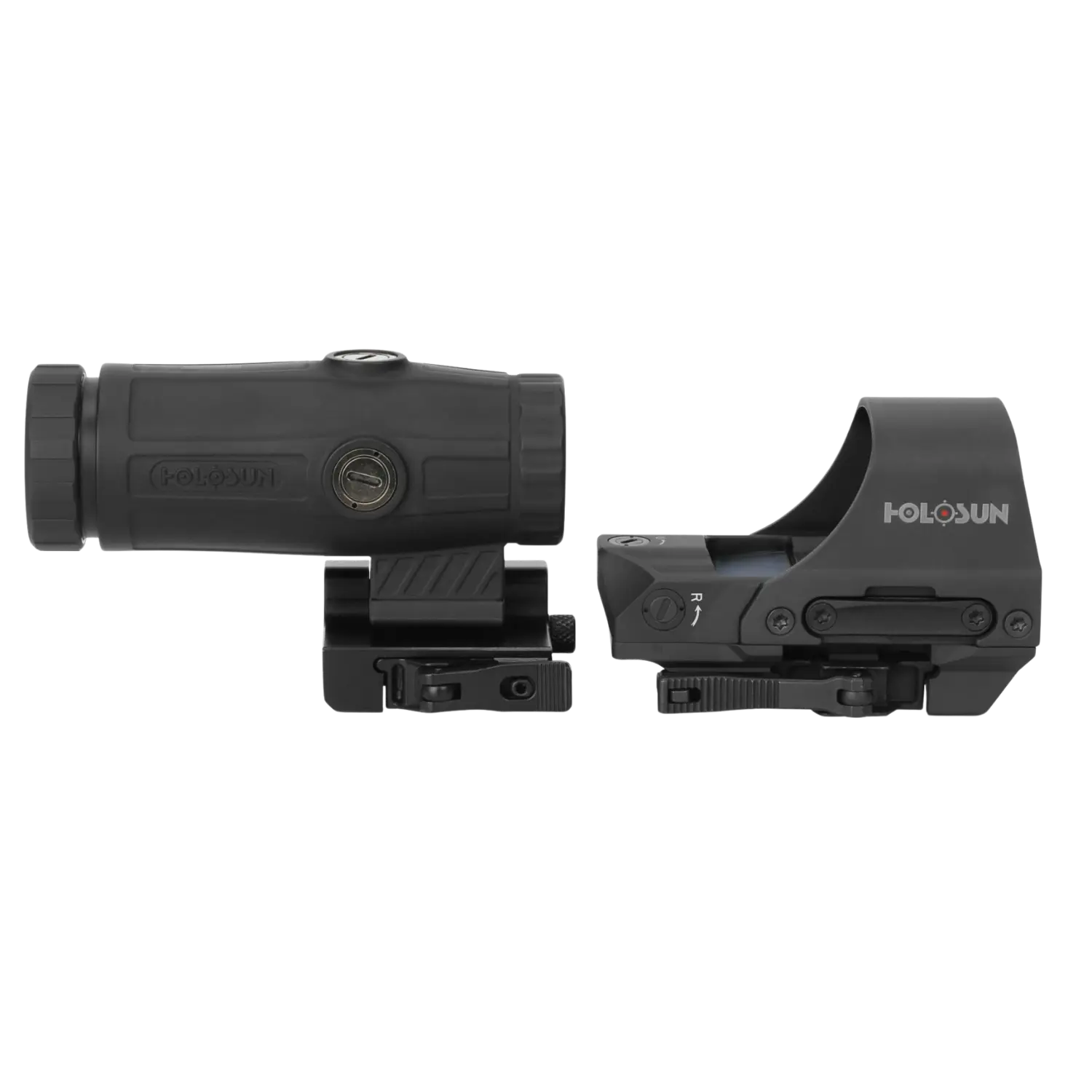 Schwarzes Holosun HS510C Reflexvisiers neben einem HM3X Vergrößerungsaufsatz mit Montageschienen