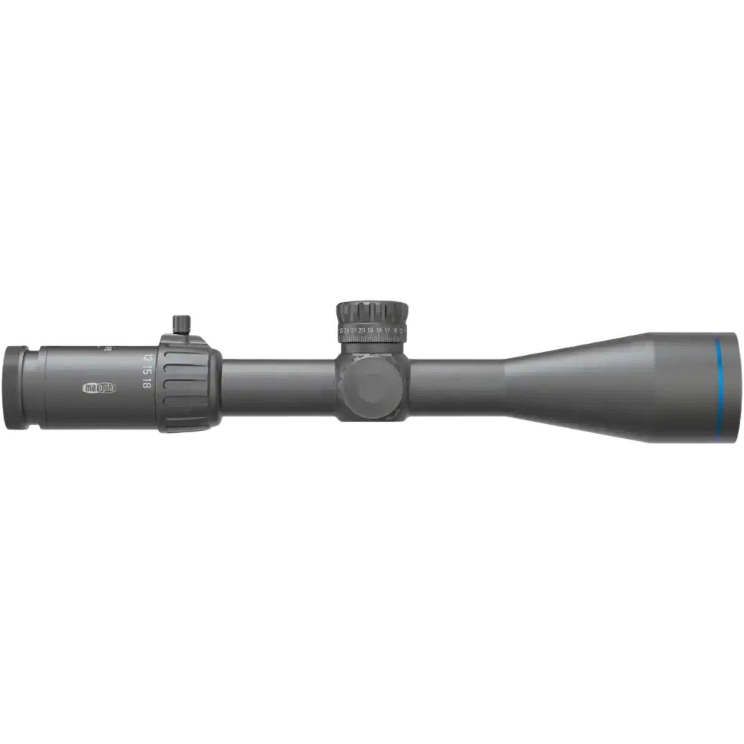 Schwarzes Zielfernrohr Meopta Meopro R6 3-18x50 mit verstellbarem Okular, Mittelrohr mit Turm und großem Objektiv am vorderen Ende
