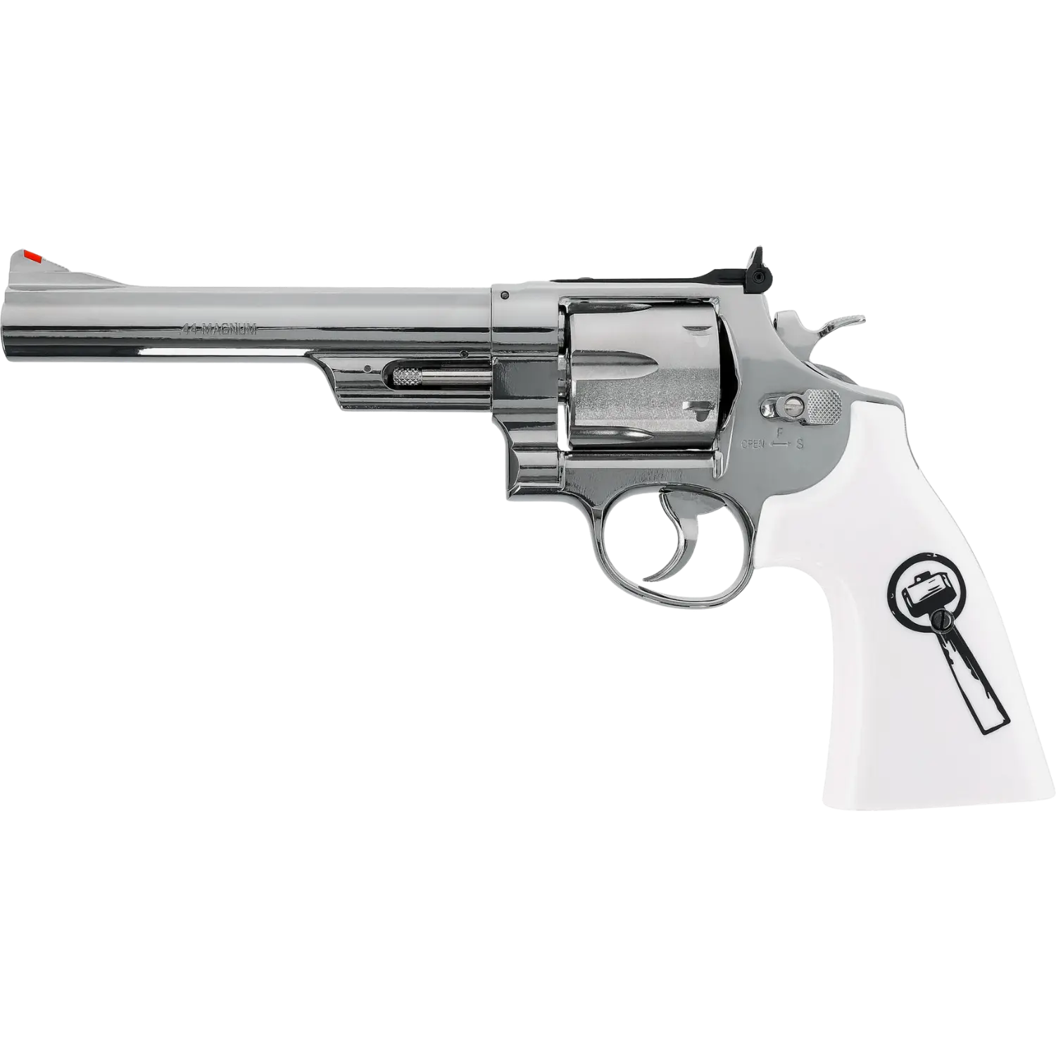 Smith & Wesson 629 Trust Me 6" NKL-WHT CO2 Revolver 4,5mm Diabolo Luftdruckrevolver 4,5 mm mit silbernem Lauf und weißem Griff, auf dem ein schwarzes Flaschenöffner-Symbol abgebildet ist.