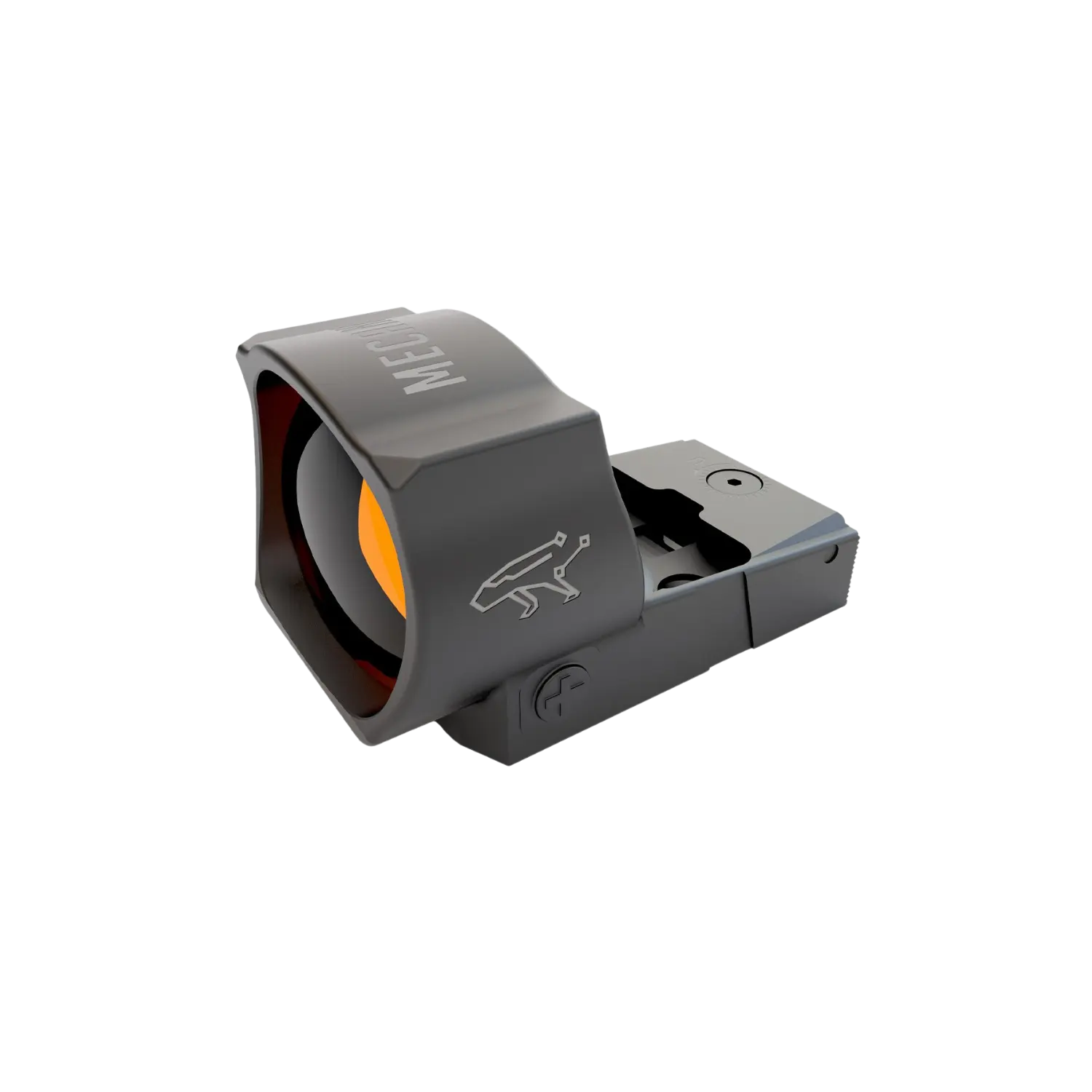 MECANIK MO3 Reflex Sight mit 6 MOA Schwarzes Reflexvisier mit orangefarbenem Glas und weißem Logo auf der Seite, rechteckige Form mit abgerundeten Kanten