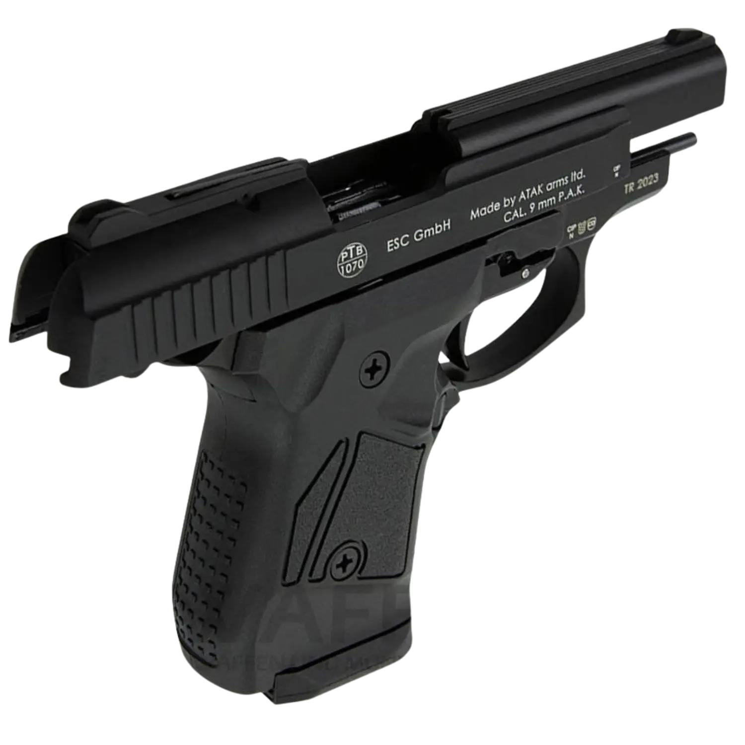 Zoraki 914-P Schreckschusswaffe 9mm PAK schwarz Schwarze Schreckschusswaffe vom Typ ESC GmbH, halbautomatische Pistole mit Grifftextur und sichtbaren Beschriftungen auf dem Lauf.