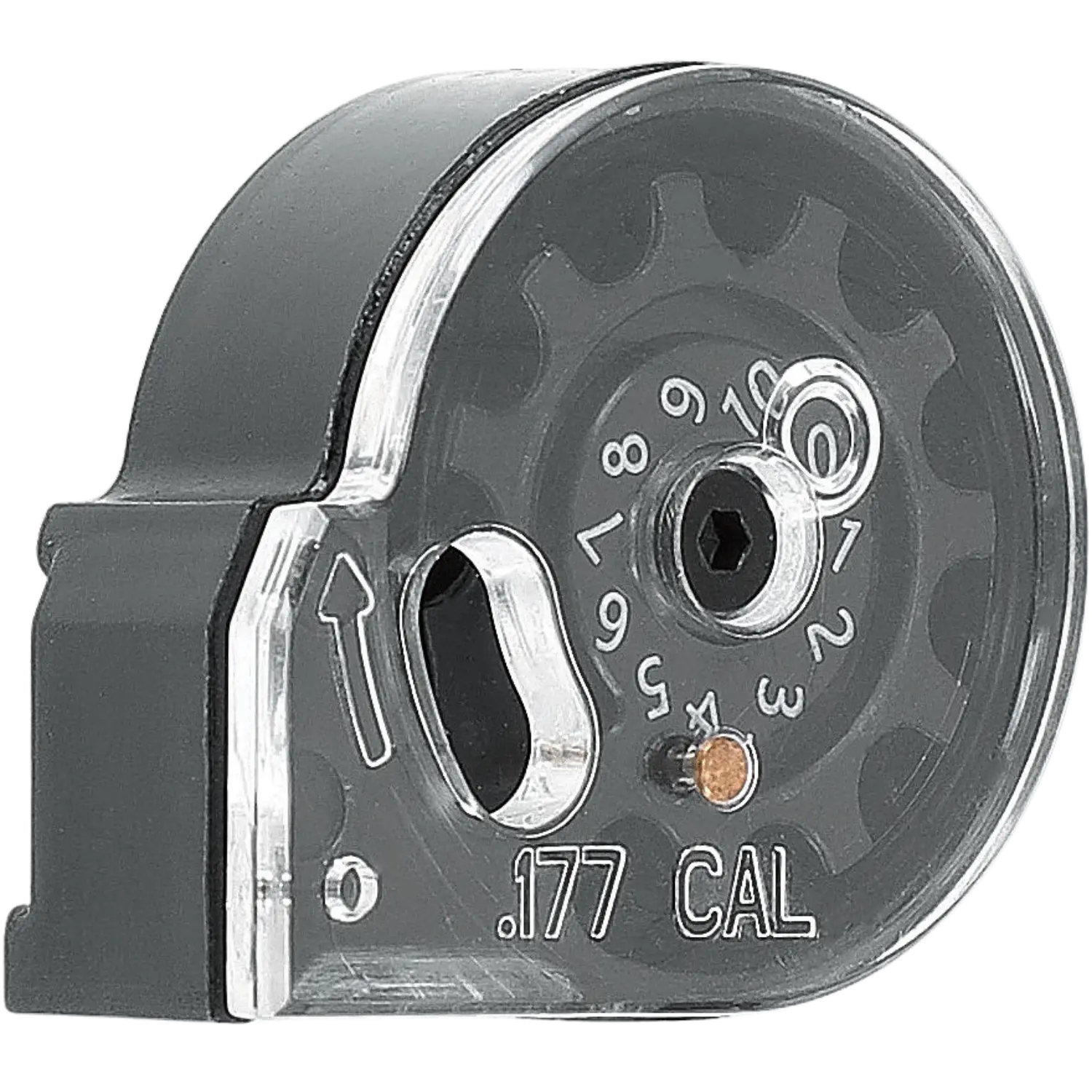 Rundes Trommelmagazin mit transparenter Abdeckung und Beschriftung '.177 CAL' für Umarex UX Iconix Luftgewehr mit 10 Schuss Kapazität.