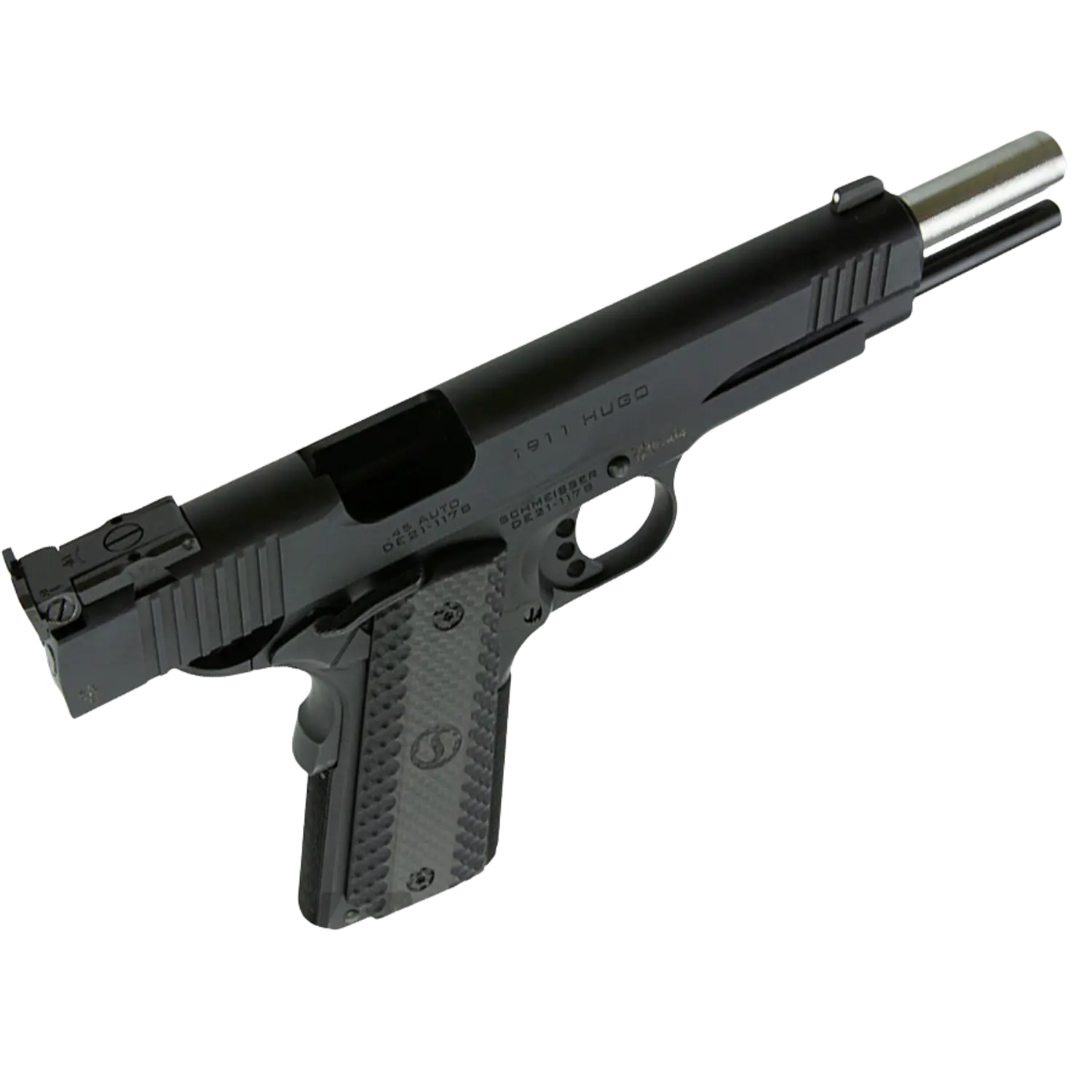 Schwarze Pistole mit silbernem Lauf, Modellbezeichnung '1911 HUGO' auf dem Schlitten, strukturierter Griff mit Schrauben.
