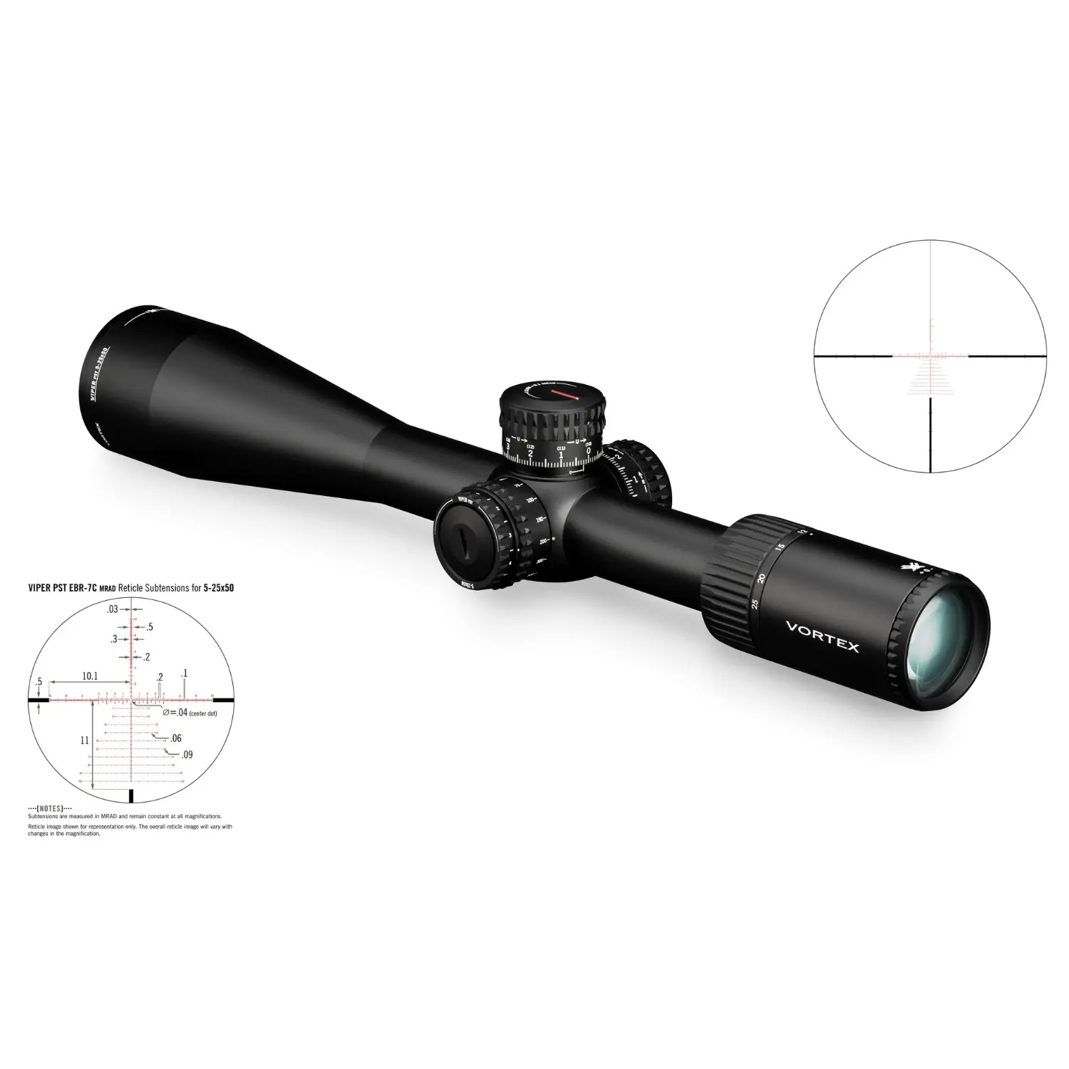 Schwarzes Vortex Zielfernrohr Viper PST Gen II 5-25x50 MRAD FFP mit Einstelltürmen und Vortex-Logo auf dem Okular, daneben zwei Detailansichten des Absehen mit feinen Linien und Markierungen.