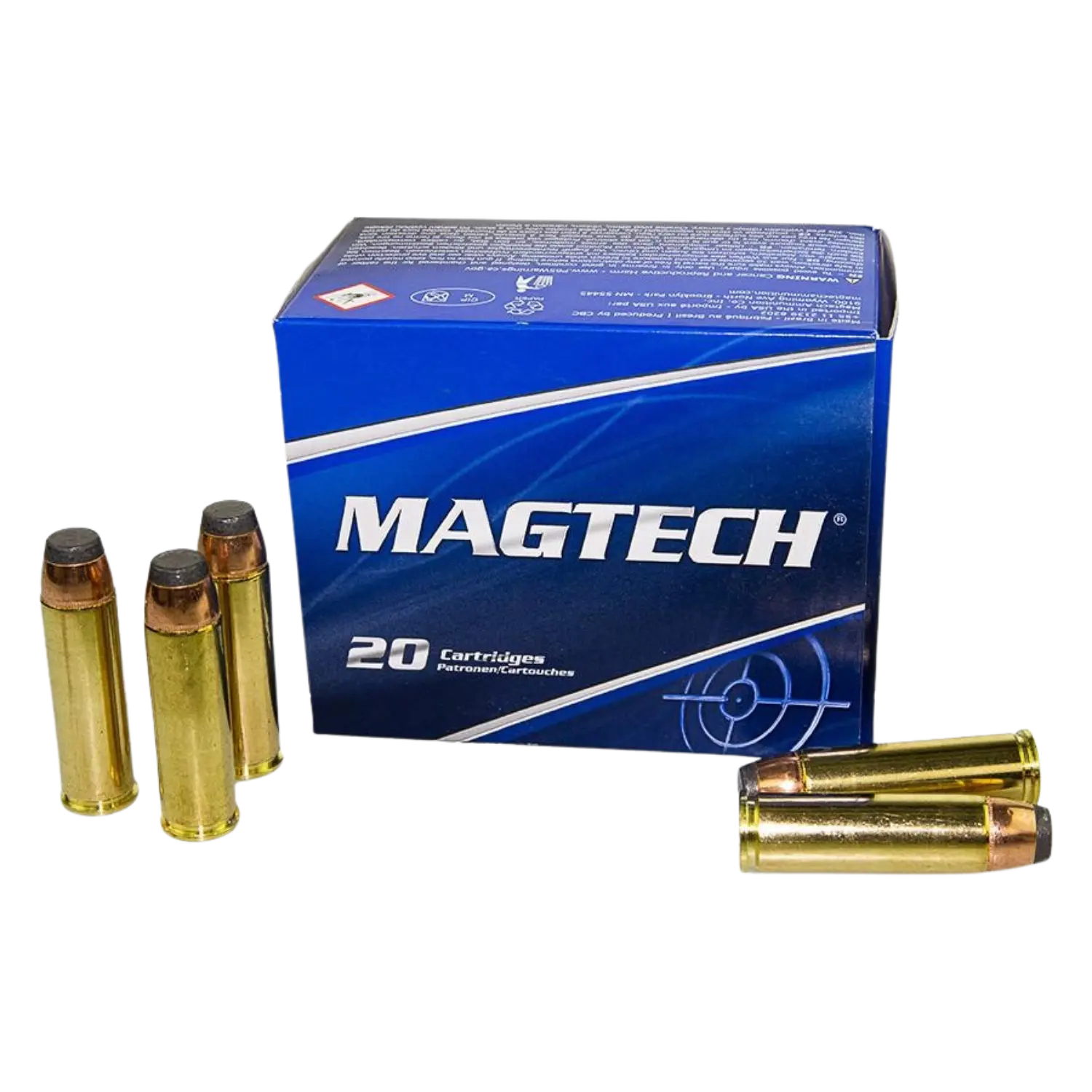 Eine Schachtel mit 20 MAGTECH Patronen, daneben fünf Patronen in Goldfarbe mit einer kupfernen Spitze.