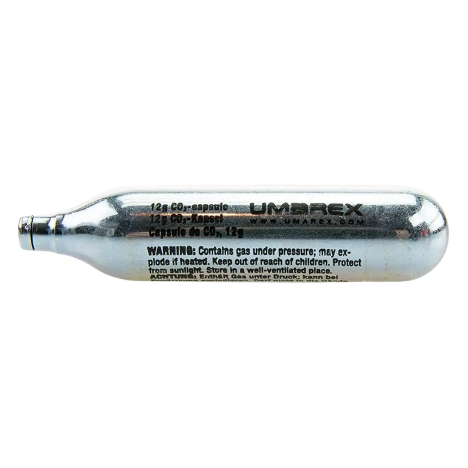 Eine 12g CO2-Kapsel von Umarex. Die Kapsel hat eine silberne, zylindrische Form mit aufgedrucktem Text, der Warnhinweise enthält.