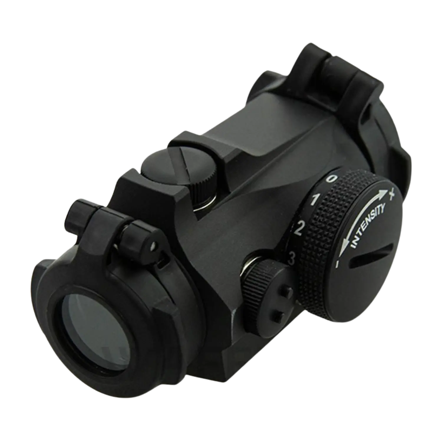 Aimpoint Micro H-2 ohne Montage Schwarz beschichteter Zielfernrohraufsatz mit verstellbarem Intensitätsregler und zwei Drehknöpfen. Sichtbares Okular auf der linken Seite.