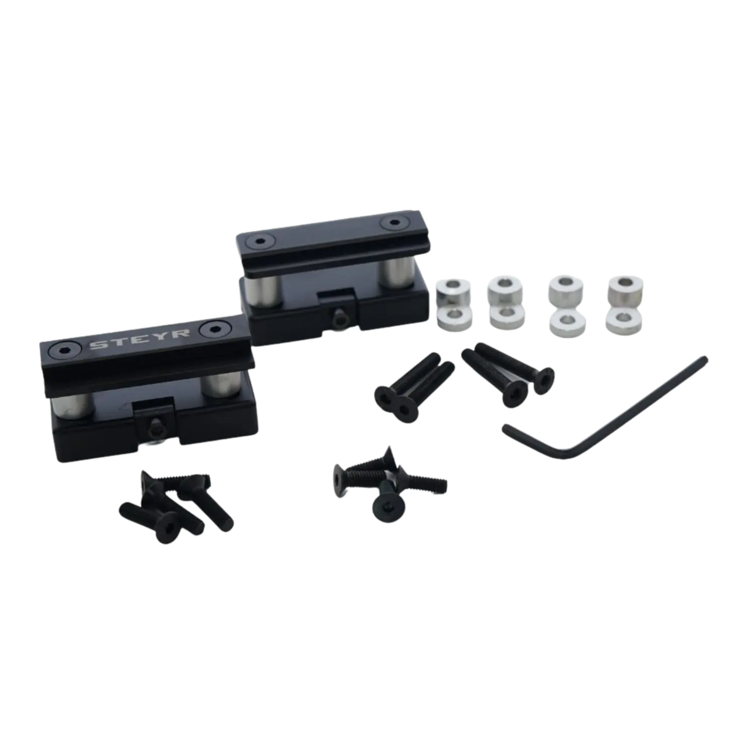 Visiererhöhungen 10,5mm für Steyr Pressluftgewehre LG88 / LG91 / LG100 Zwei schwarze Visiererhöhungen mit der Aufschrift 'STEYR', vier silberne Abstandshalter, mehrere schwarze Schrauben und ein Inbusschlüssel auf weißem Untergrund.