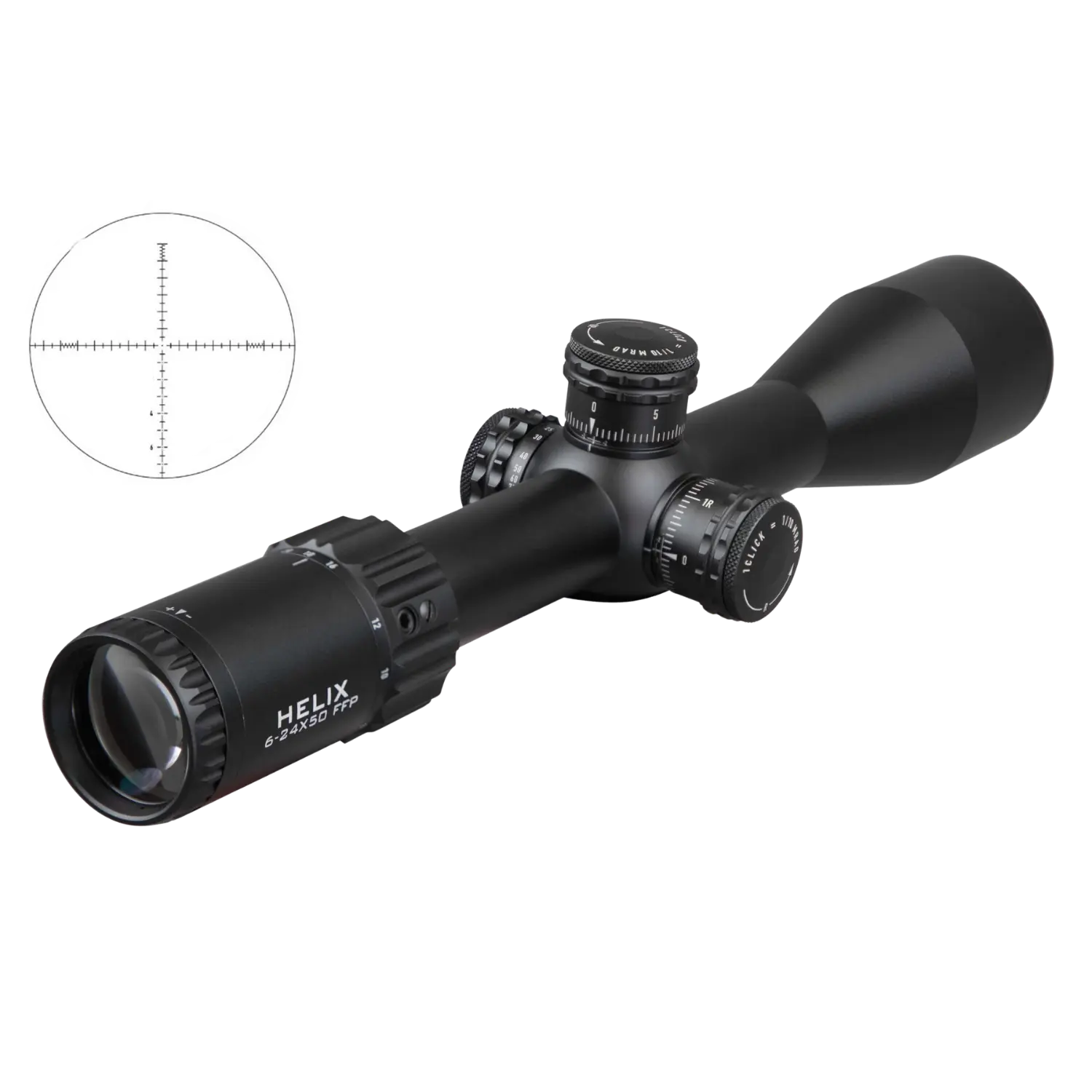 Schwarzes Zielfernrohr mit mehreren Einstellrädern und eingezeichnetem Fadenkreuz mit feinen Linien und Punkten.