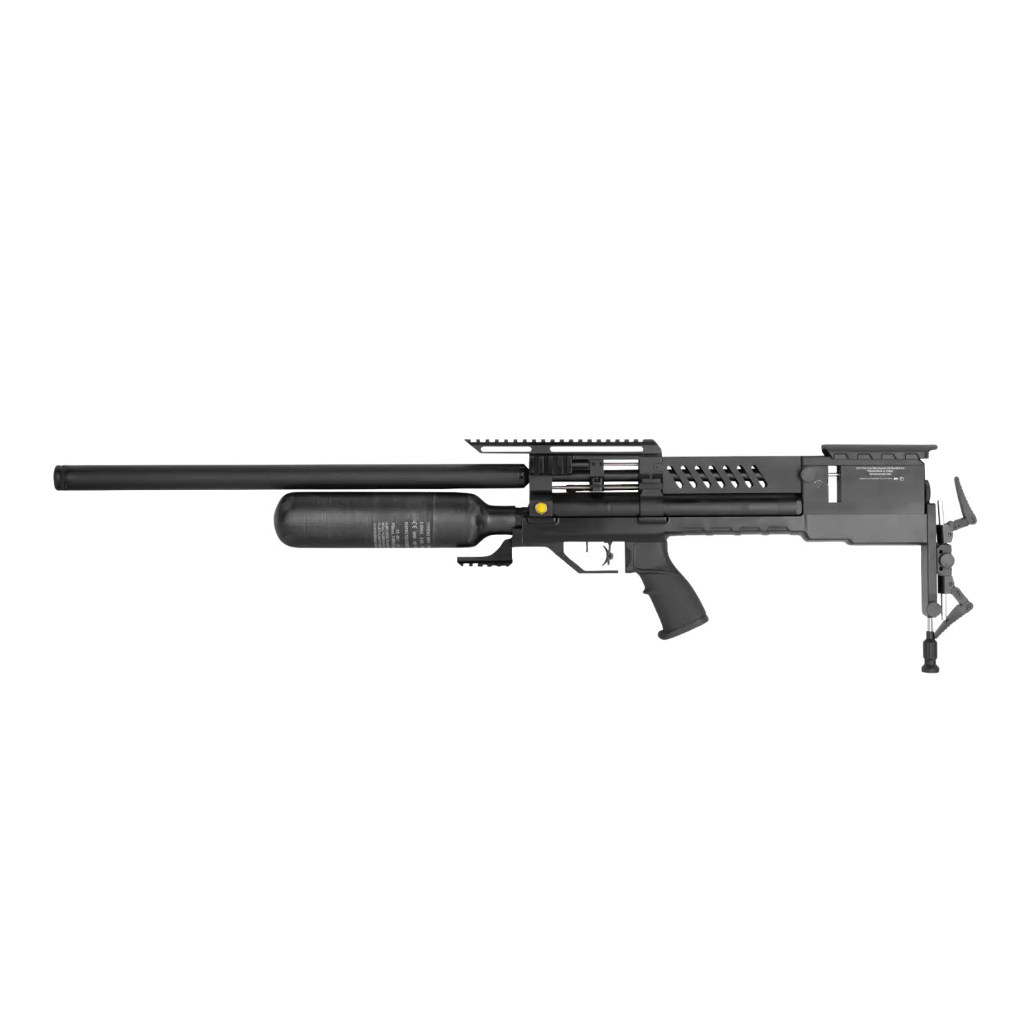 Luftgewehr von Reximex, seitliche Ansicht, schwarz, mit langem Lauf, Druckluftbehälter, Picatinny-Schienen und einem stabilen Schaft.