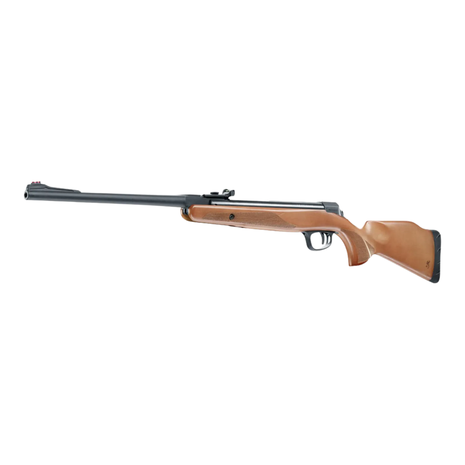 Browning X Blade Hunter Luftgewehr, seitliche Ansicht, schwarzer Lauf, Holzschaft, abgerundete Form, sichtbare Abzugseinheit.