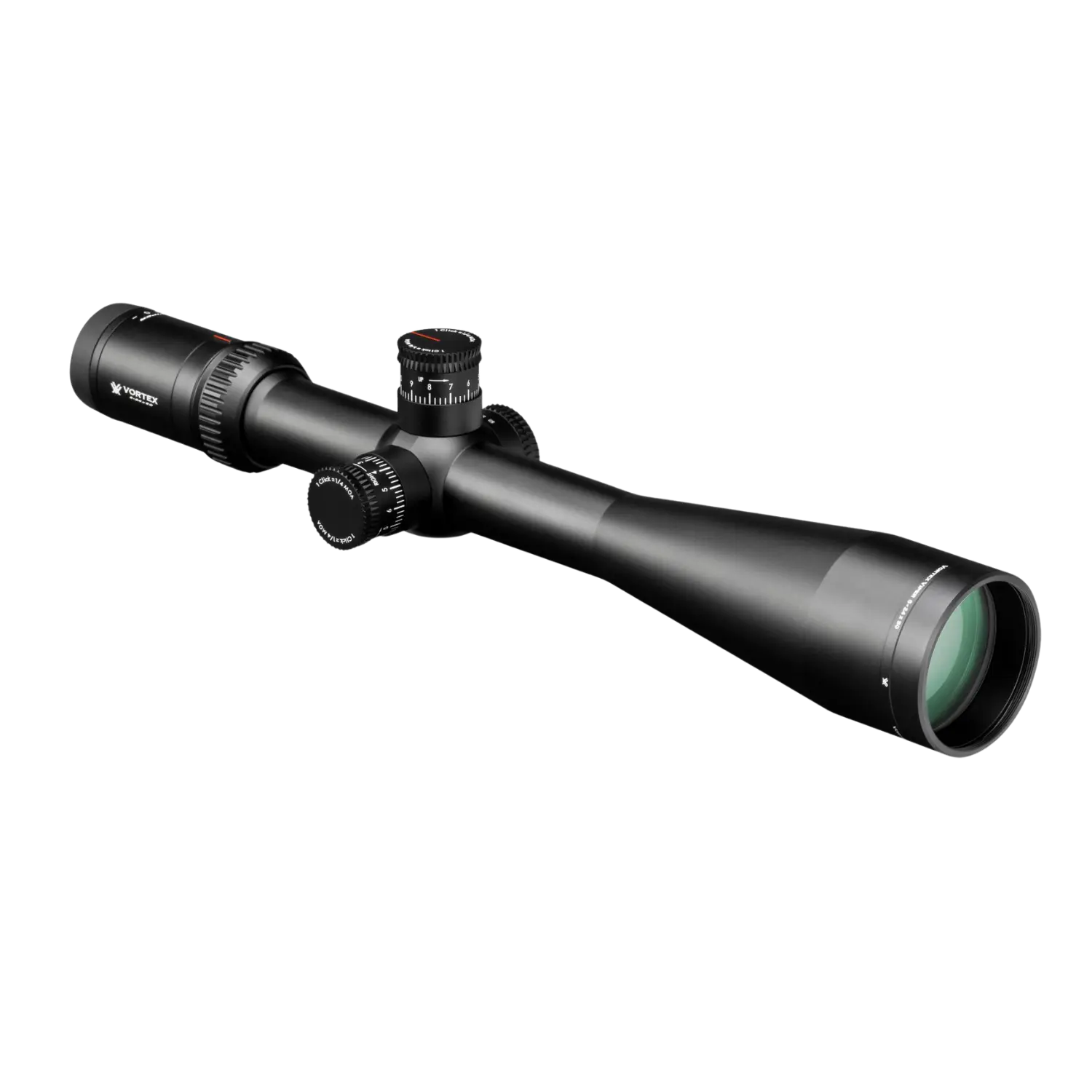 Vortex Zielfernrohr Viper HS LR 6-24x50, schwarzes Gehäuse, länglicher Körper, verstellbare Turmknöpfe, grüne Linse.