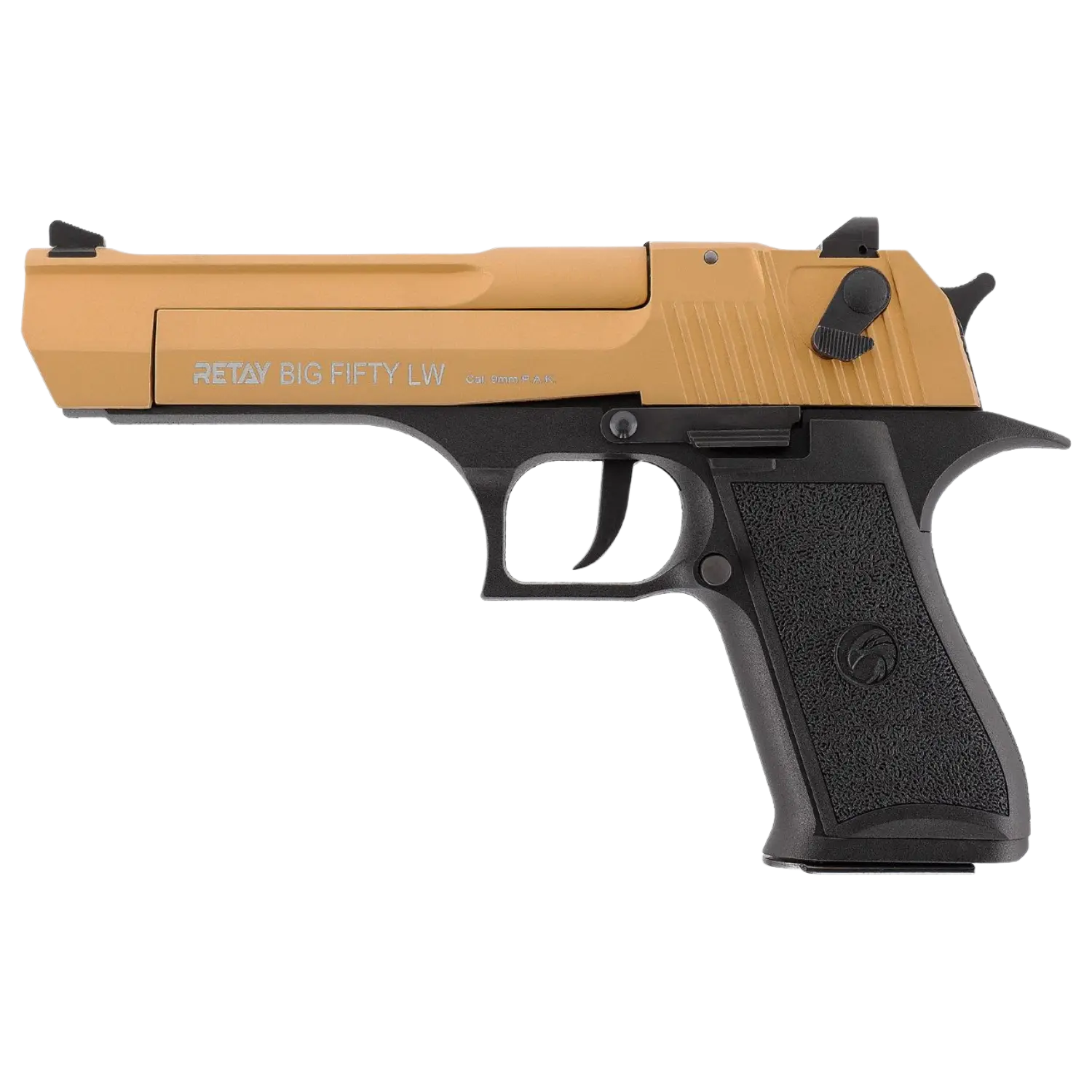 Retay Big Fifty LW GLD-BLK 9mm P.A.K. Retay Big Fifty LW Schreckschusswaffe in Gold mit schwarzem Griff. Sichtbar sind der goldene Lauf und der schwarze Griff mit Textur.