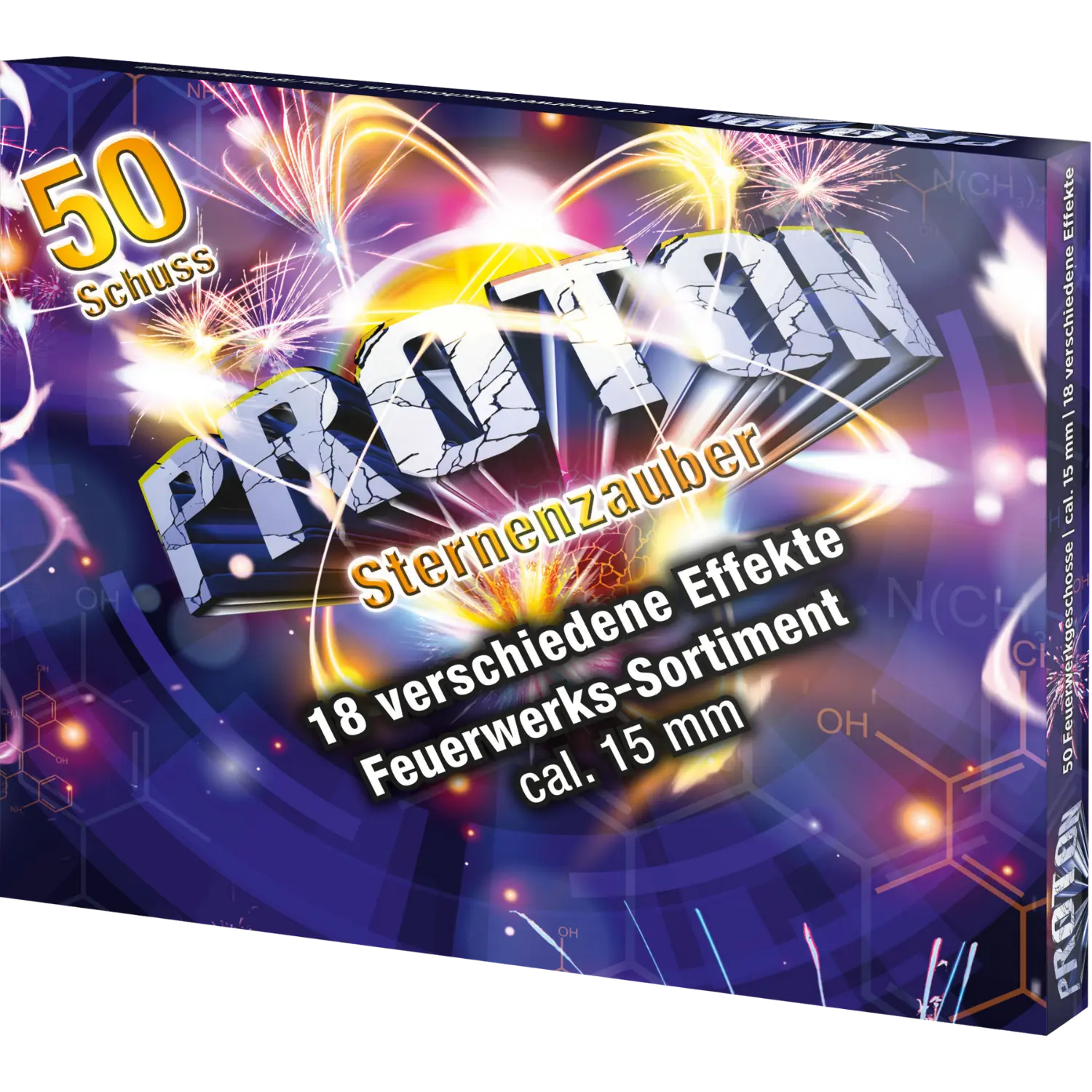 Verpackung der Umarex Proton Sternenzauber Feuerwerkskörper mit 50 Schuss, 18 verschiedenen Effekten, Kaliber 15 mm, bunte Feuerwerksdarstellung auf dunklem Hintergrund.