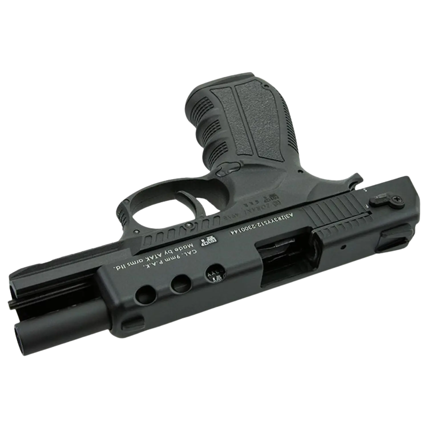 Zoraki 4918 Schreckschusspistole schwarz Kaliber 9mm P.A.K. Schreckschusswaffe in schwarzem Kunststoff mit Griff, Abzug, Lauf und sichtbaren Beschriftungen auf der Laufschiene.