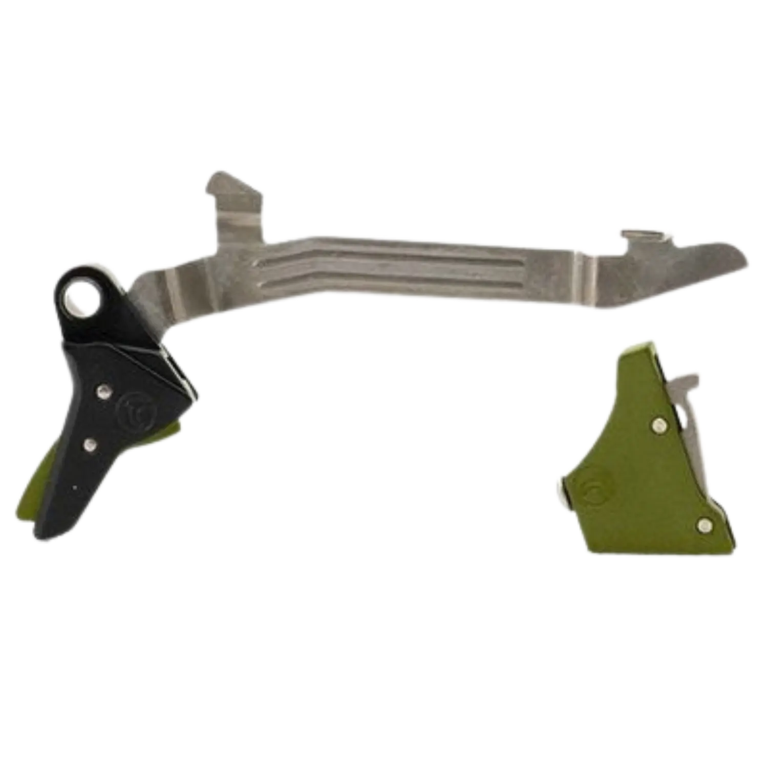 Timney Alpha Abzug für Glock 3-4 Large Grün Metallischer Abzug mit schwarzem und grünem Hebel, länglicher Form mit mehreren Schrauben und Aussparungen.