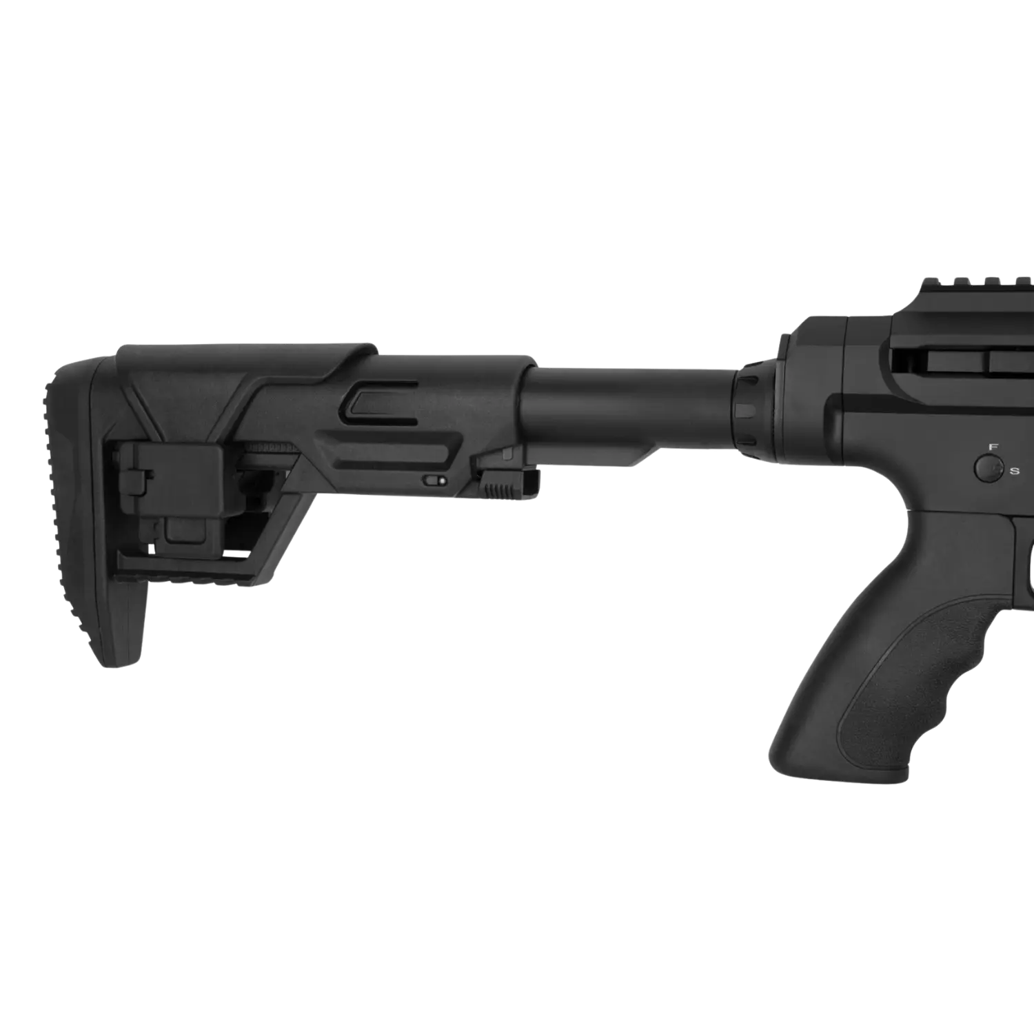 Detailaufnahme des Schaftes einer Reximex Waffe