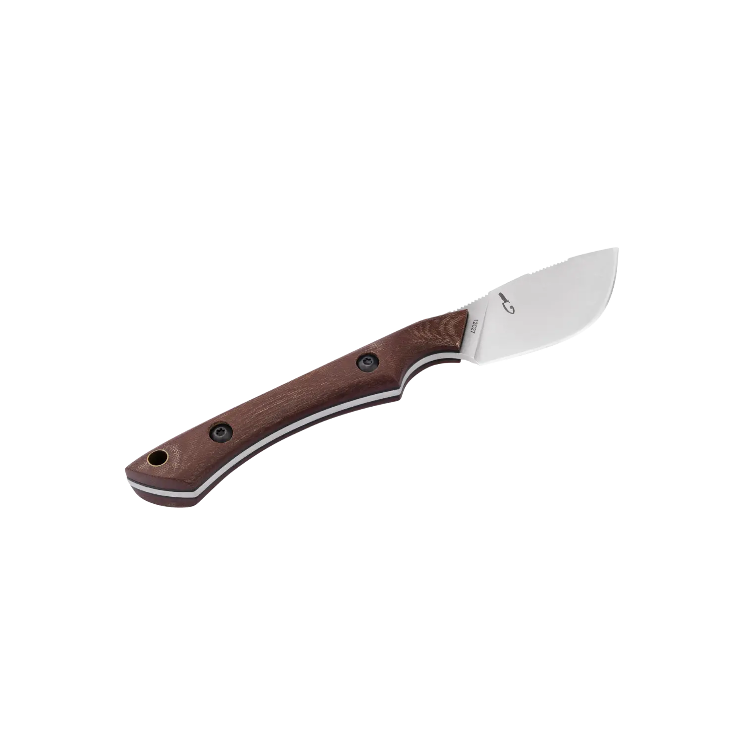 Böker Plus Pocket M.U.K. Neck Knife mit kurzer, breiter Klinge und braunem Holzgriff mit zwei Schrauben und Loch am Griffende.
