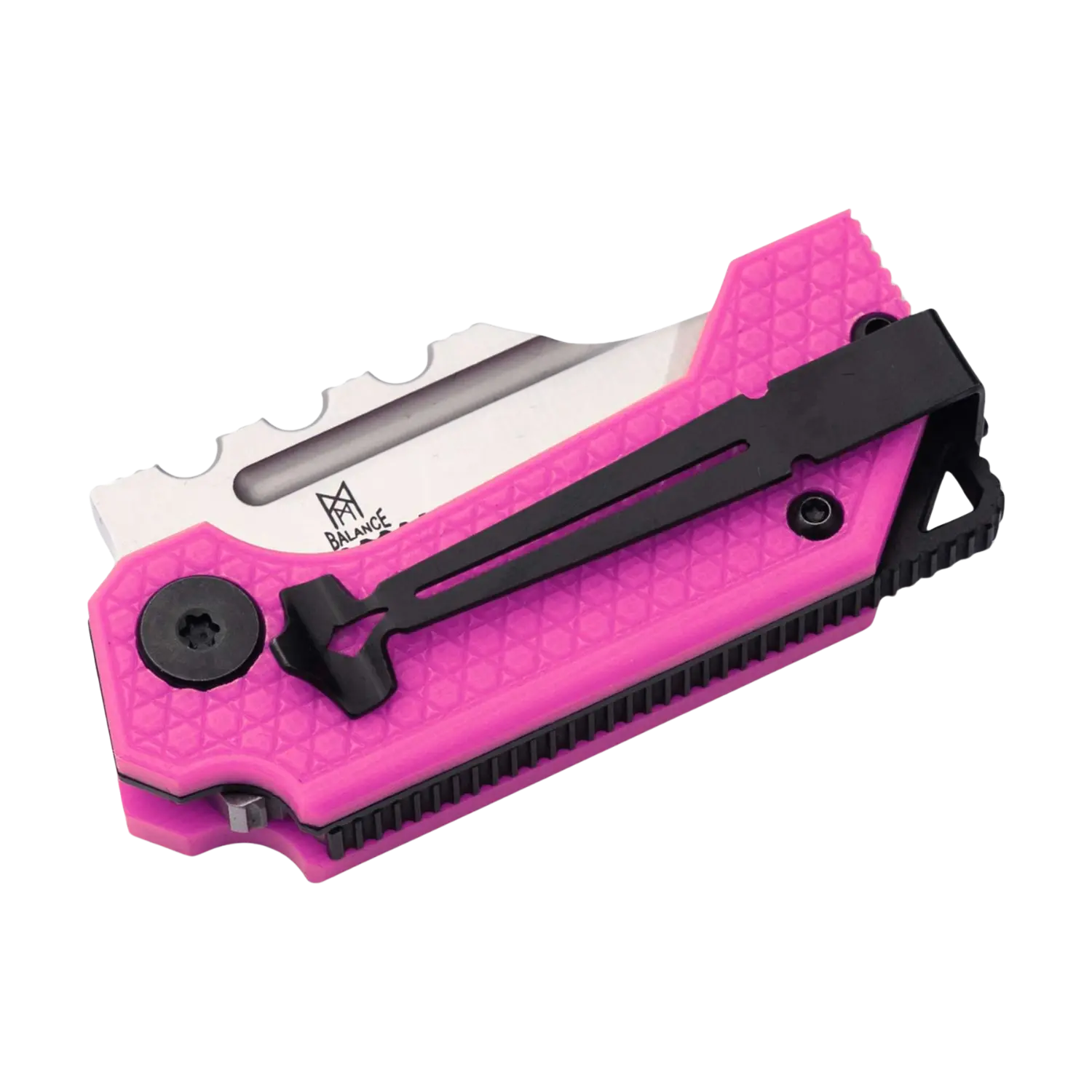 Midgards Messer Thunrar Nano Folder Pink Klappmesser mit pinkem Griff und schwarzem Clip, Klinge teilweise sichtbar mit 'Balance' Logo