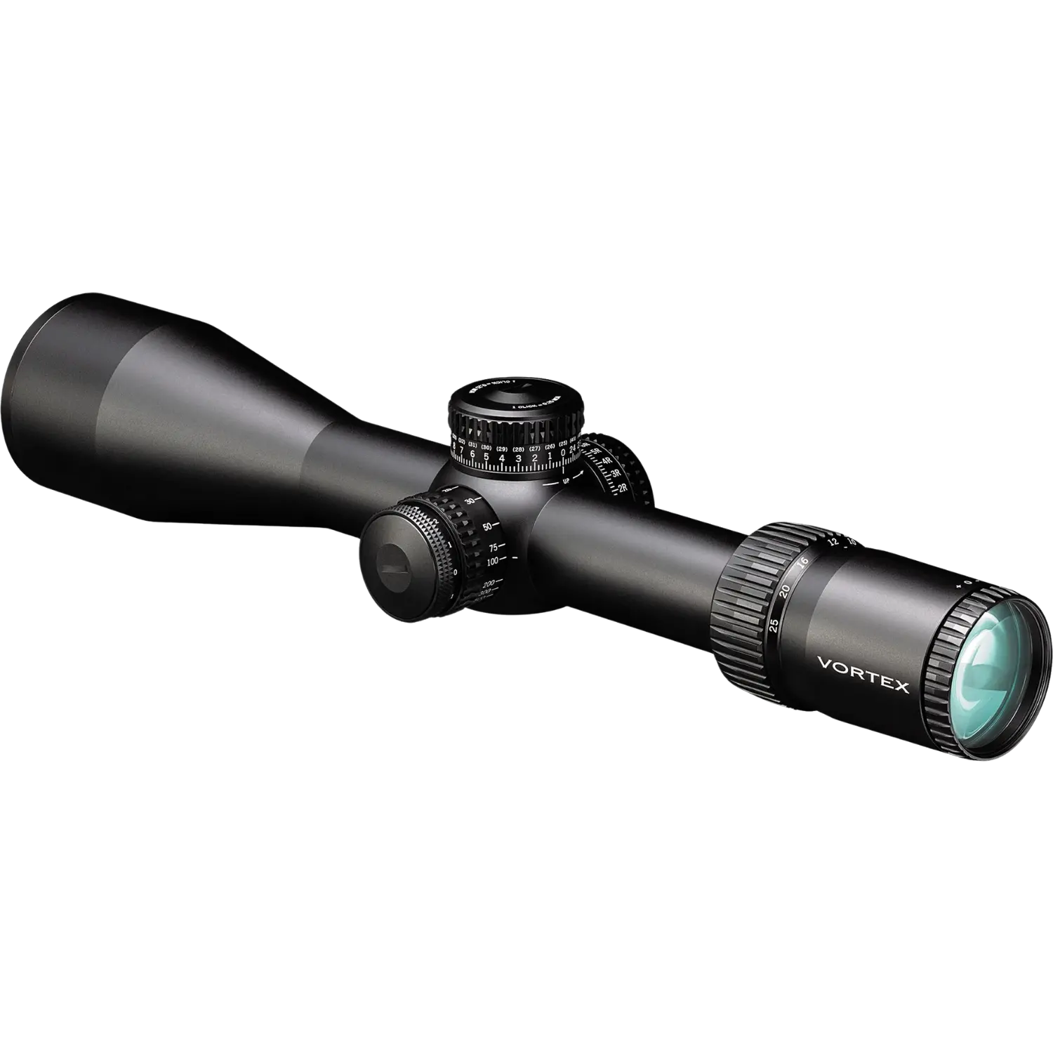Vortex Strike Eagle Zielfernrohr 5-25x56, schwarzes Gehäuse, länglicher Körper mit verstellbaren Turmknöpfen und Objektivlinse. Objetiv nach links zeigend.