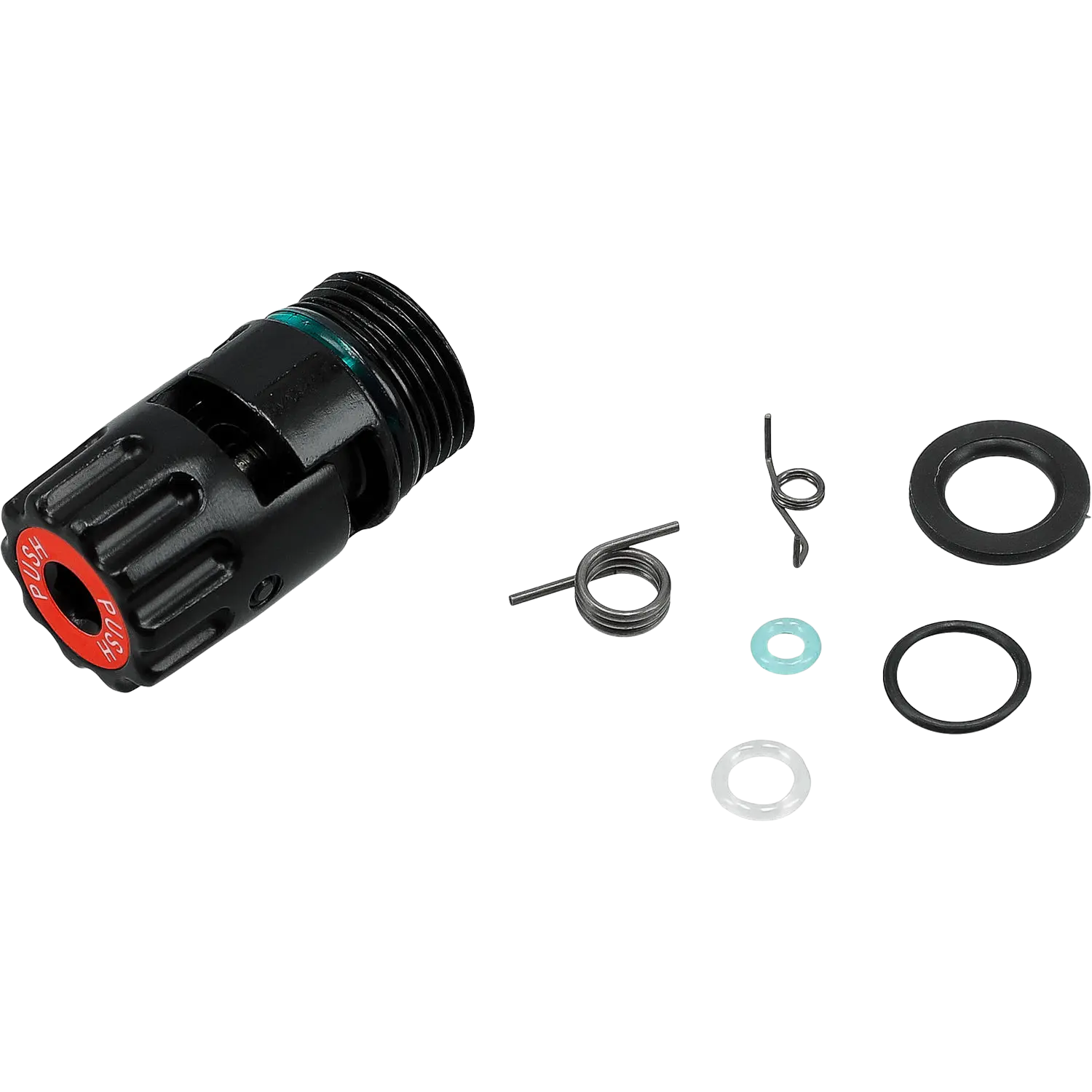 Schwarzes Service-Kit mit mehreren kleinen Metallteilen und einer schwarzen Kunststoffkappe mit rotem Ring und weißer Beschriftung.