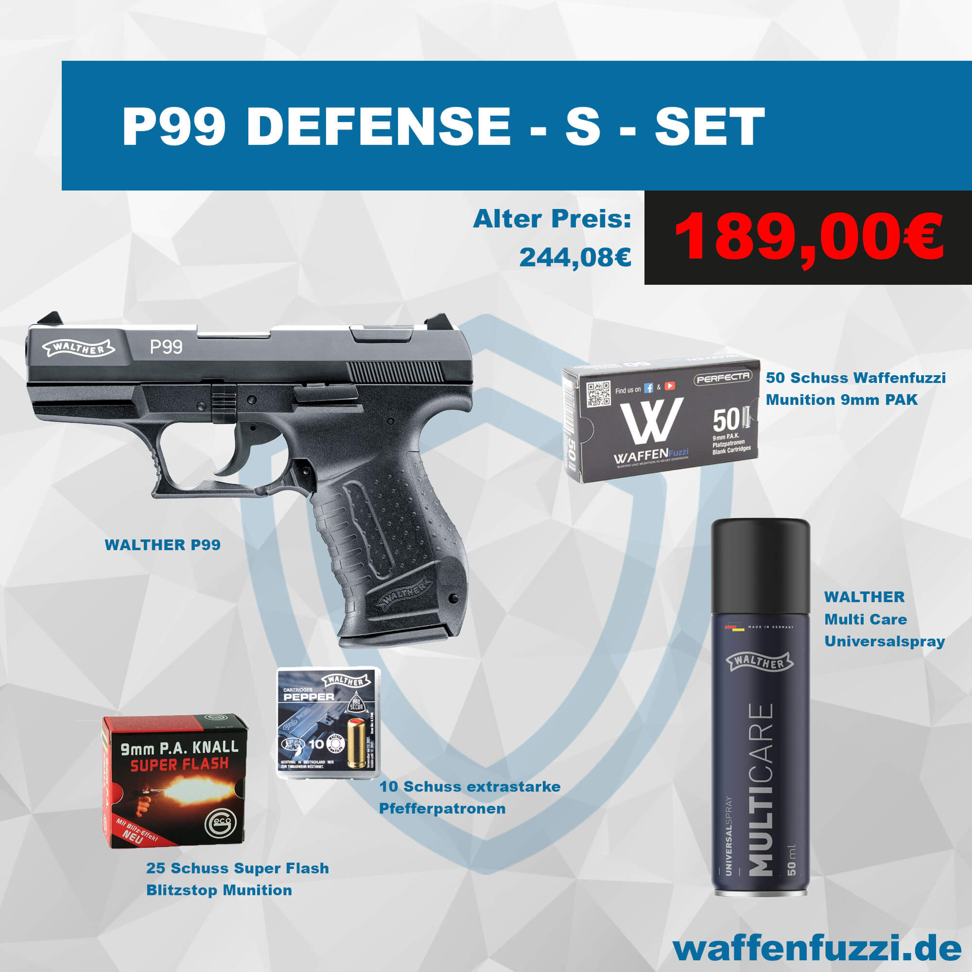 Walther P99 Defense S Set inkl. 50 Schuss Munition + 25 Schuss Stopblitz + 10 Schuss Pfeffergas + Pflegeöl