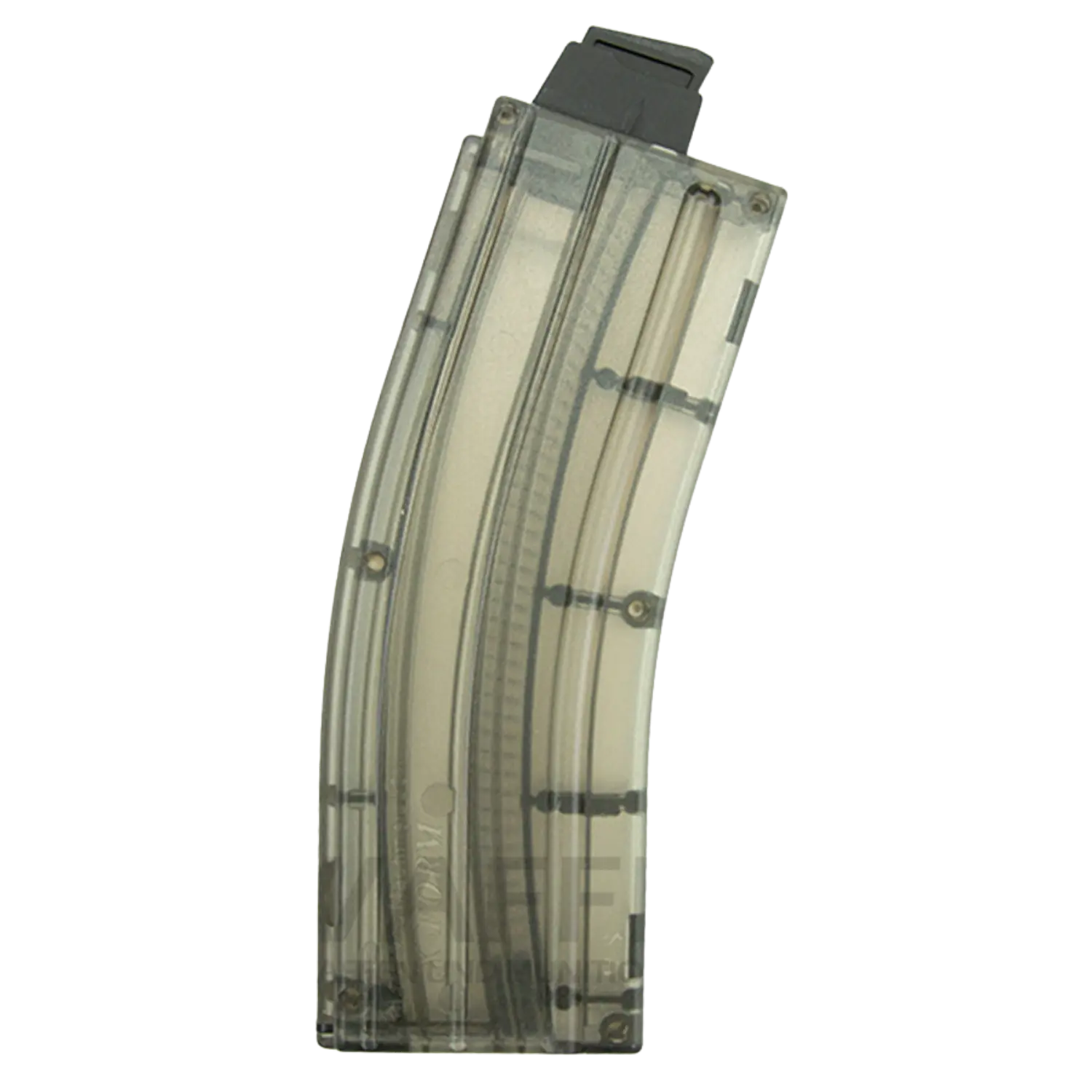 Transparentes, gebogenes Magazin für Schusswaffen mit 25 Schuss Kapazität, aus Kunststoff, mit sichtbaren Patronen.
