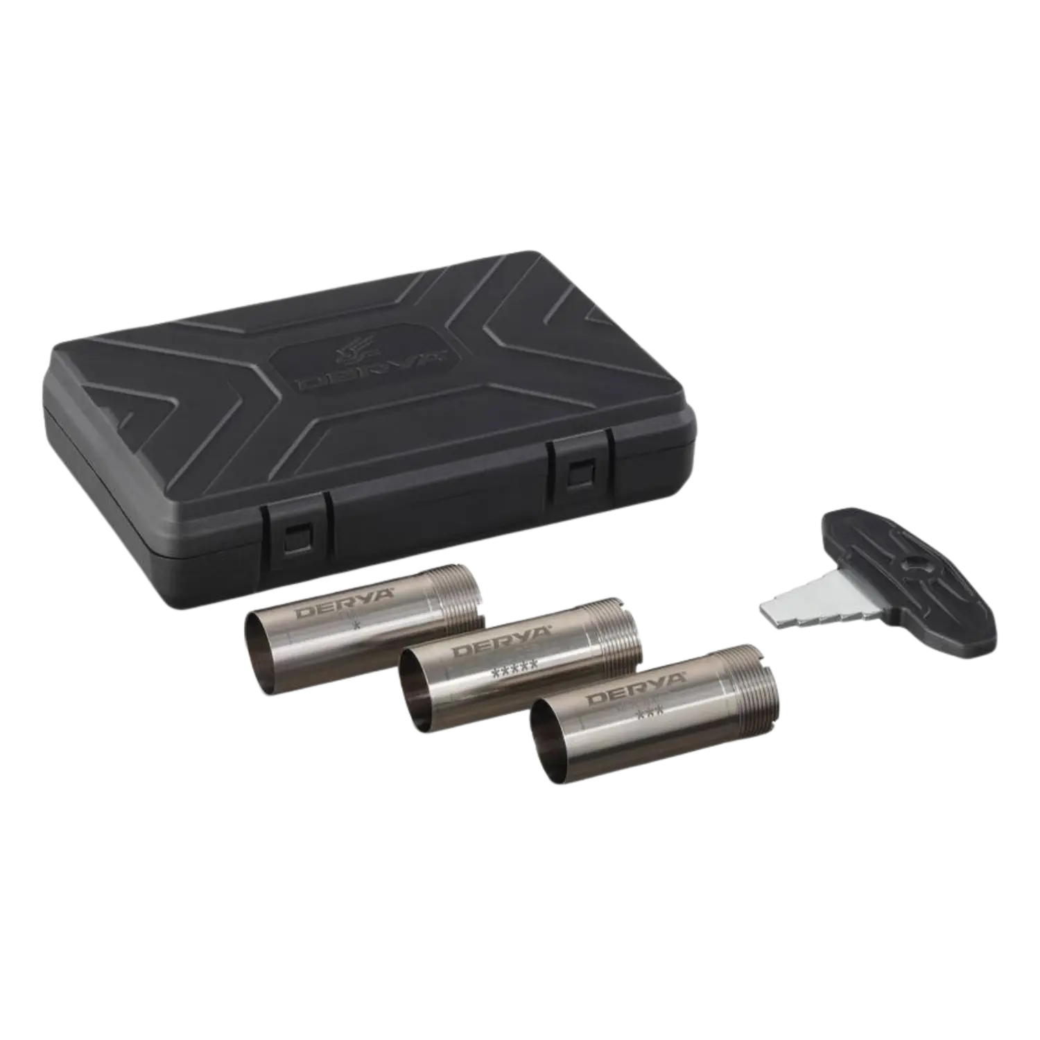 Drei silberne Derya-Wechselchokes mit Gravur, schwarzer Kunststoffkoffer und schwarzer Schlüssel mit Griff.