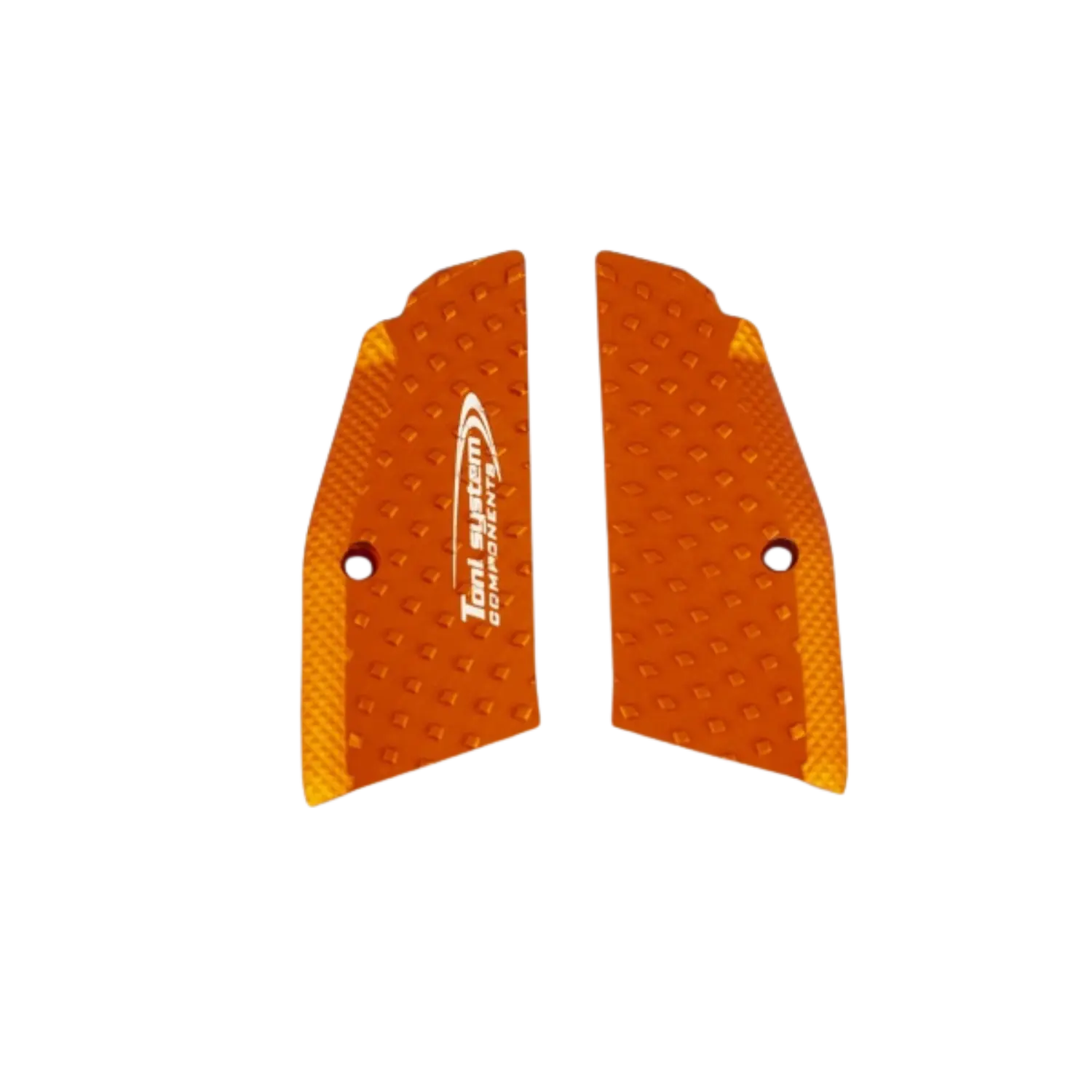 Toni System Vibram Griffschalen für CZ Pistolen Orange Kurz Orangefarbene Griffschalen mit strukturierter Oberfläche und Schraubenloch, eine mit weißem Schriftzug 'Toni System'.