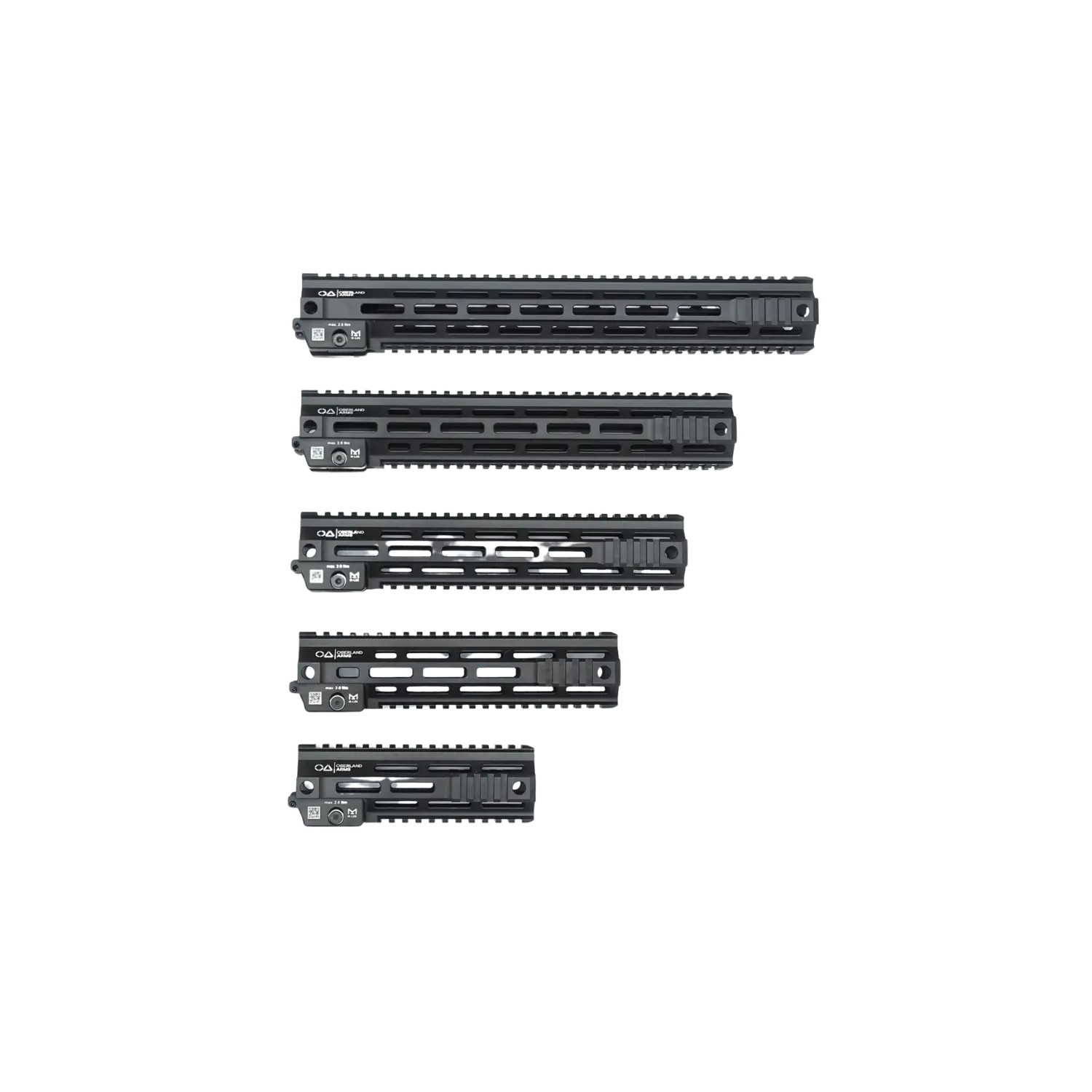 Fünf OA Modular Duty Rail Handschützer in Schwarz, M-LOK/Picatinny, in verschiedenen Längen nebeneinander angeordnet.