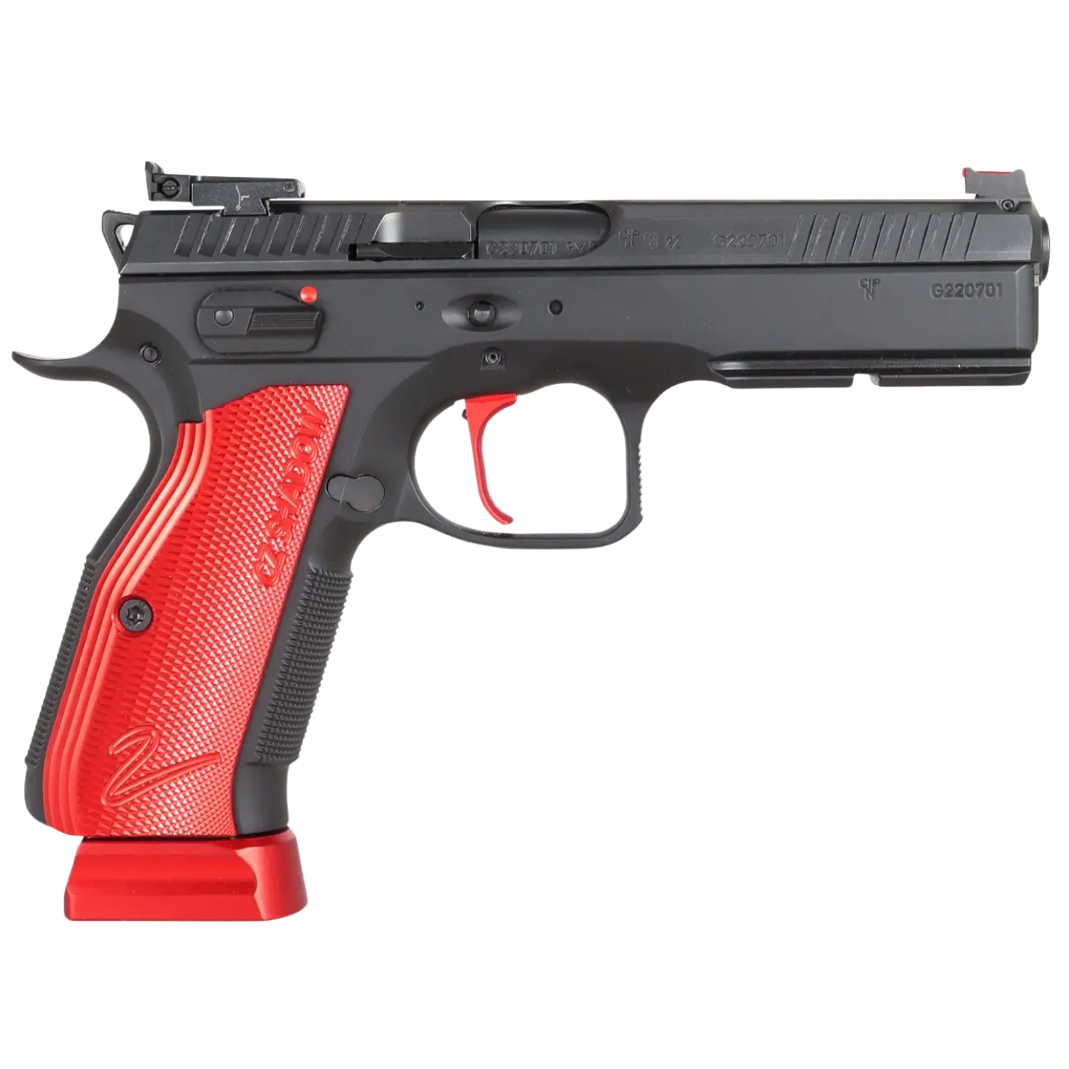 CZ Shadow 2, halbautomatische Pistole, schwarz mit rotem Griffstück und rotem Magazinboden, seitliche Ansicht.
