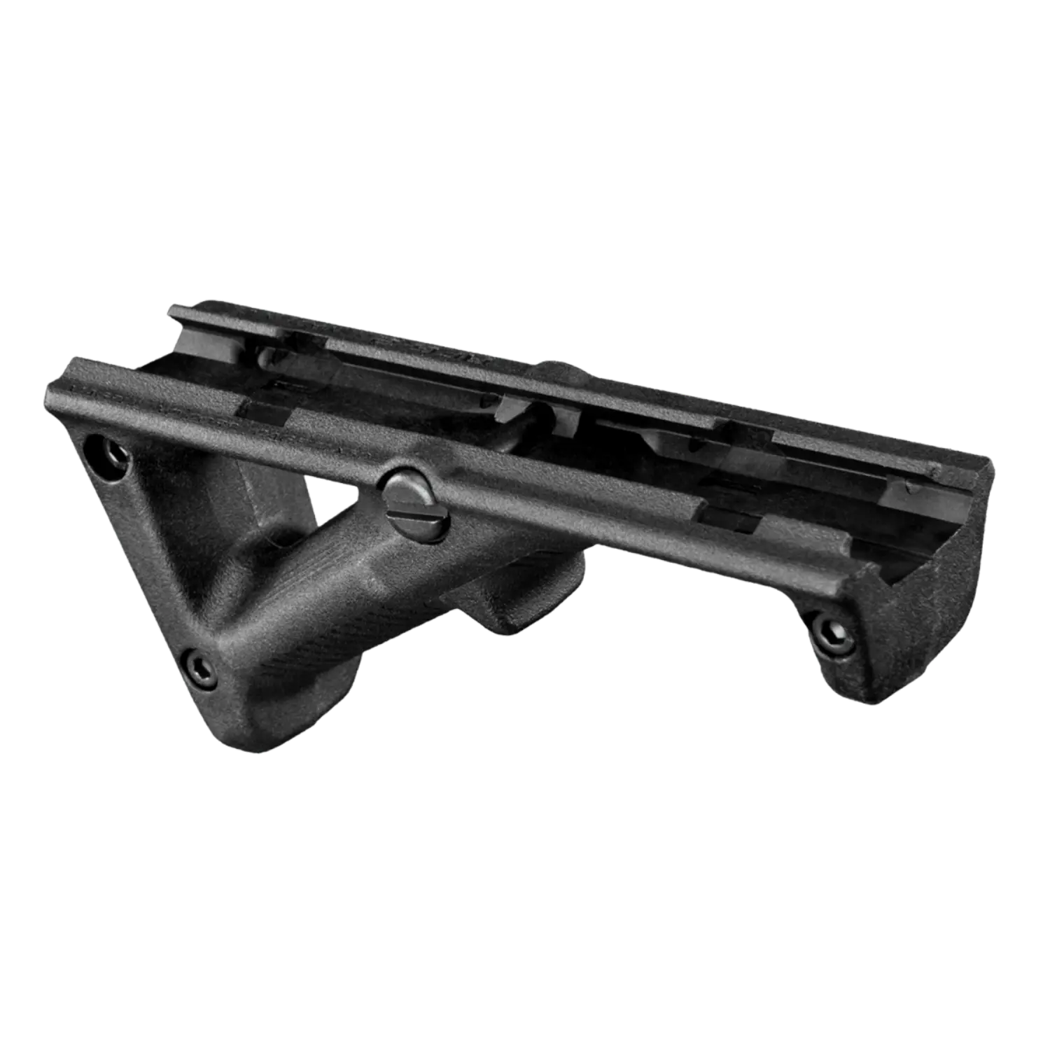 Schwarzer, abgewinkelter Magpul AFG-2 Vordergriff mit Montageschiene und Schrauben.