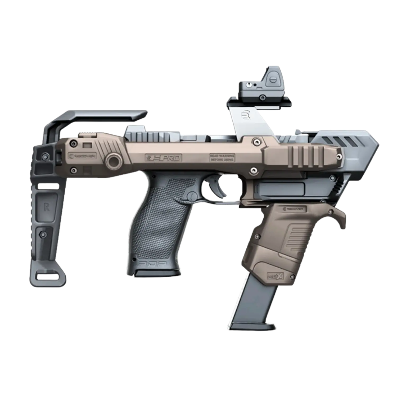 Recover Tactical S-PRO Compact Stabilizer in Tan montiert auf Walther PDP mit integriertem Rotpunktvisier und ergonomischem Griff.