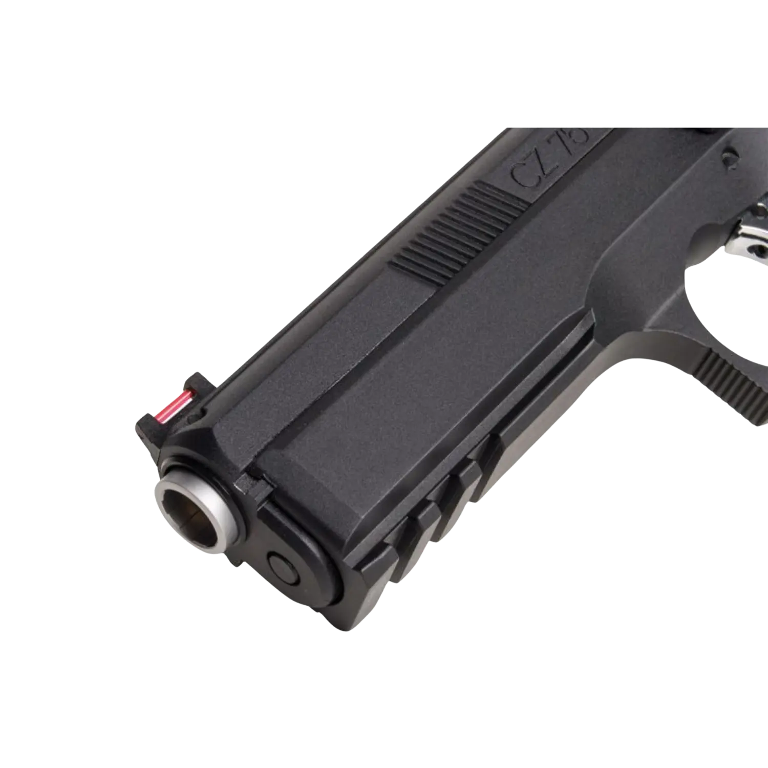 Nahaufnahme eines schwarzen CZ 75 Shadow BB-Gewehrs mit einem 4,5 mm Lauf und sichtbarem Abzugsmechanismus.